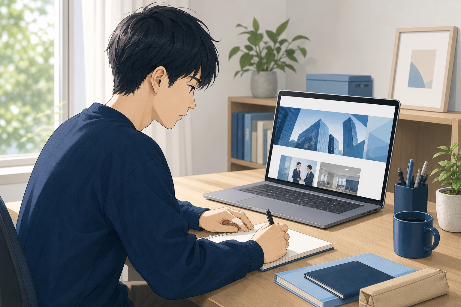 就活生が自宅の机でノートパソコンを見ながら業界研究のメモを取っている様子