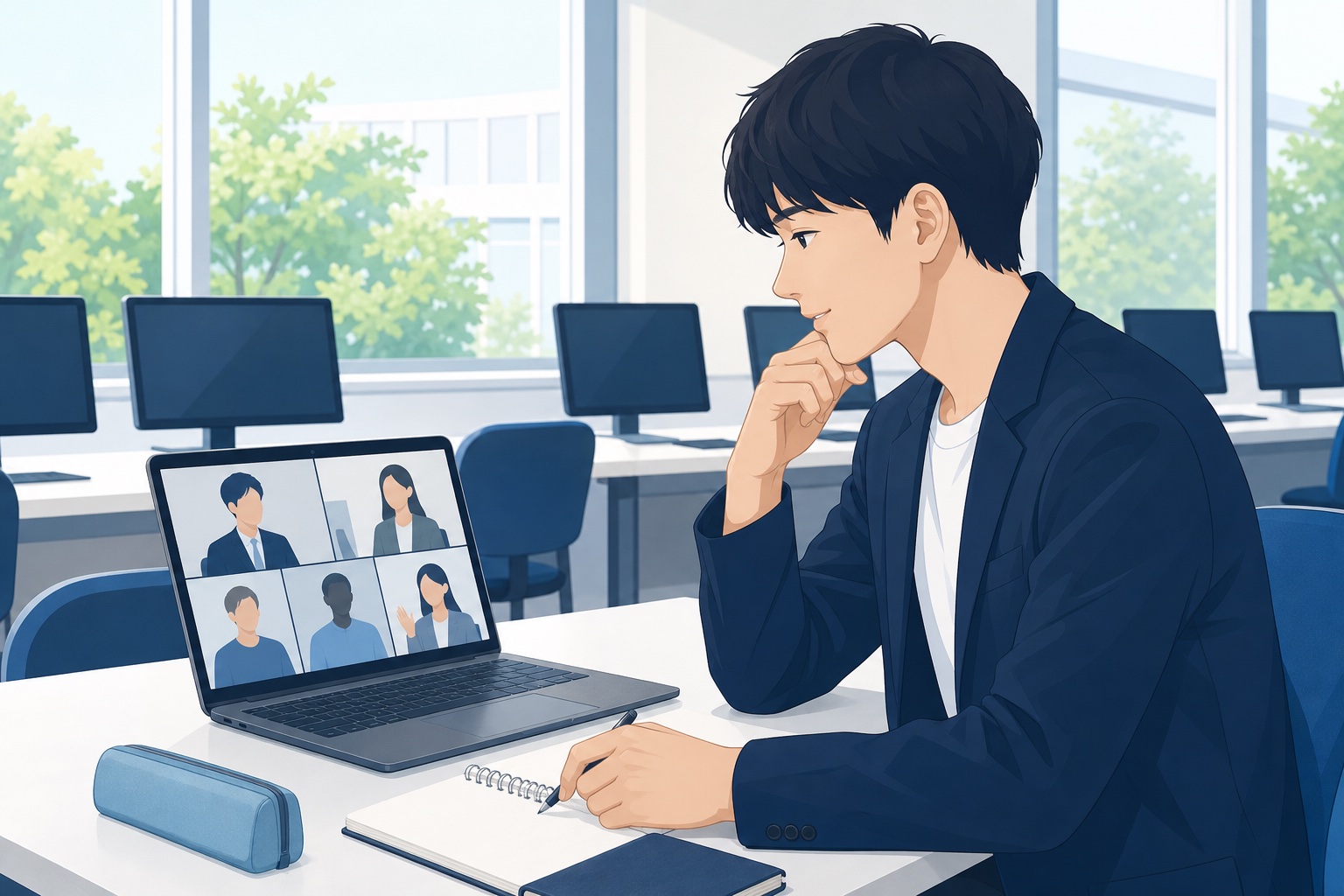 大学のパソコンルームでノートパソコンの画面越しに海外拠点とのオンライン説明会に参加する就活生のイラスト