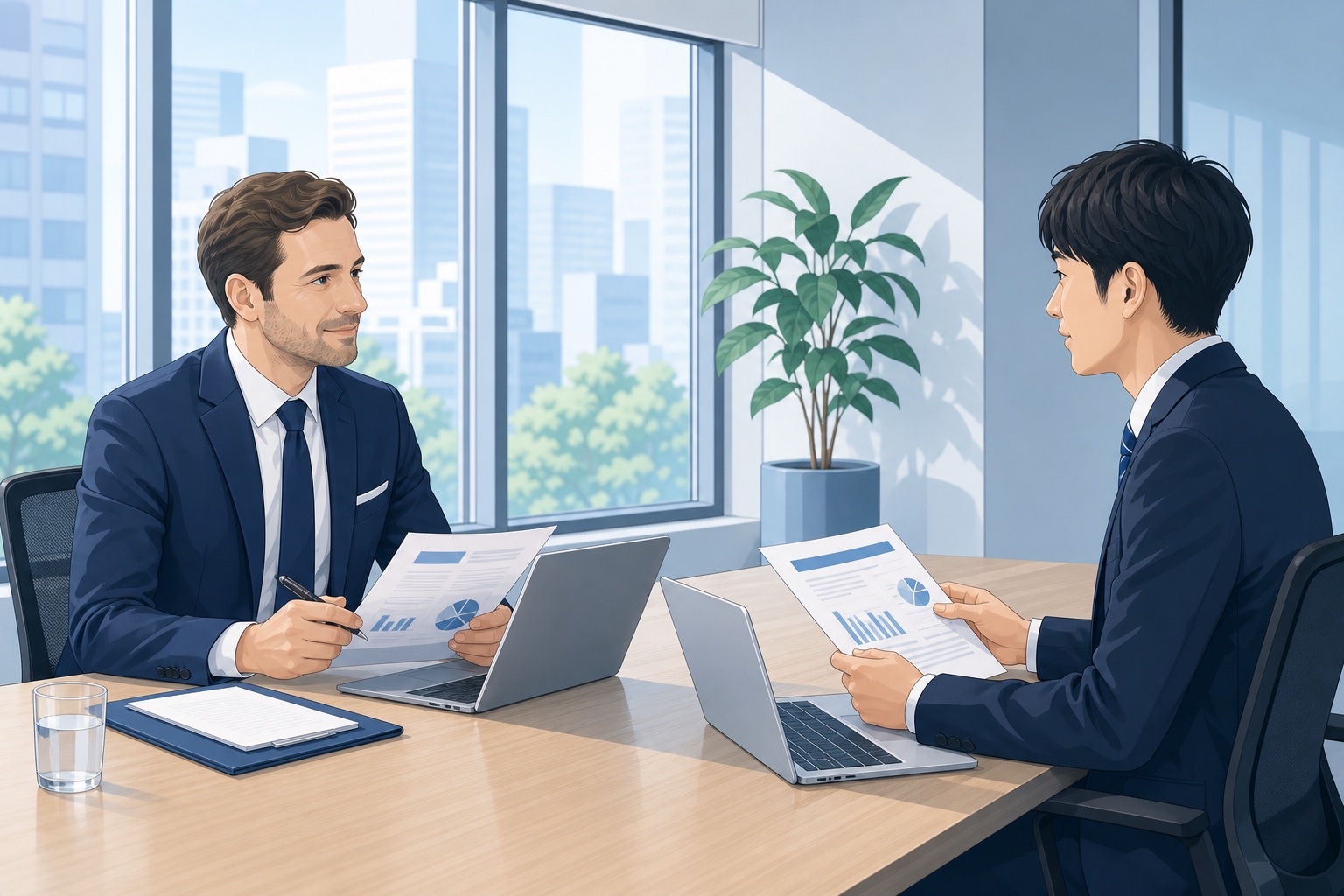 外国人の面接官と日本人の求職者が資料を手に面接をしているオフィスのイラスト