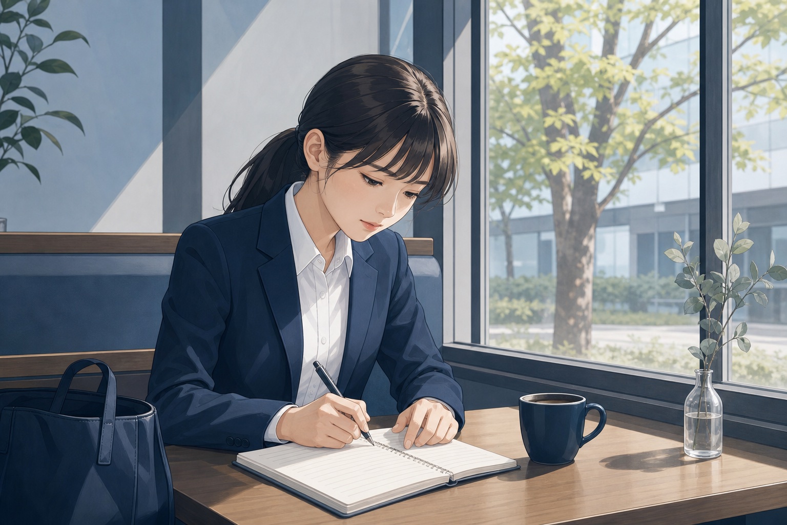 就活生の女性がカフェの窓際で自己分析のメモをノートに書いている様子のイラスト