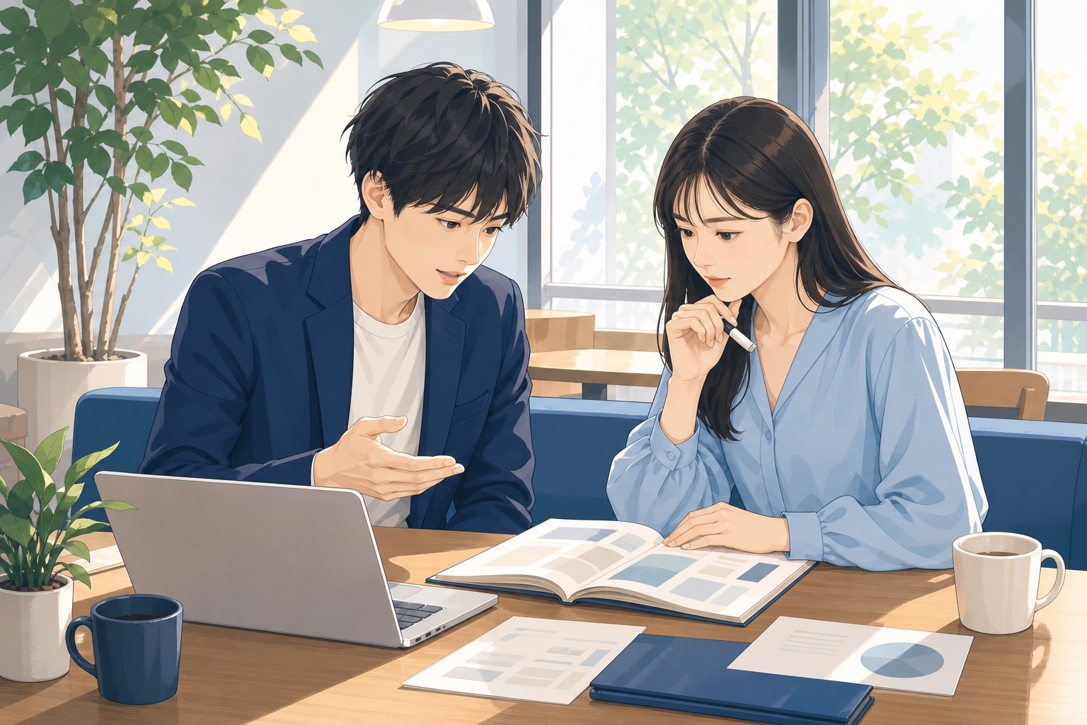 カフェで企業研究の資料を見ながら話し合う就活生二人のイラスト