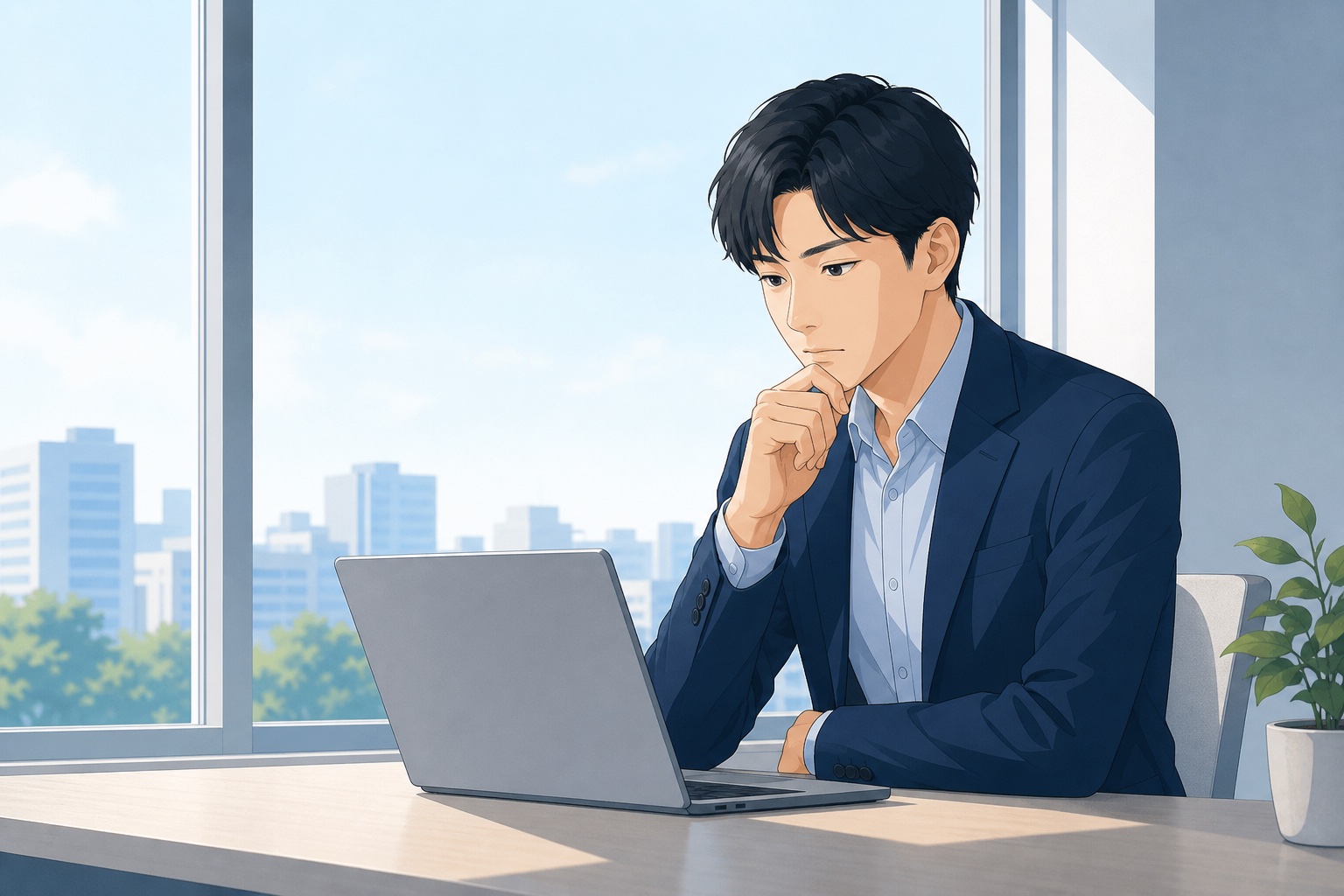 オフィスの窓際でノートパソコンの画面を見つめながら考え込む若手社員のイラスト