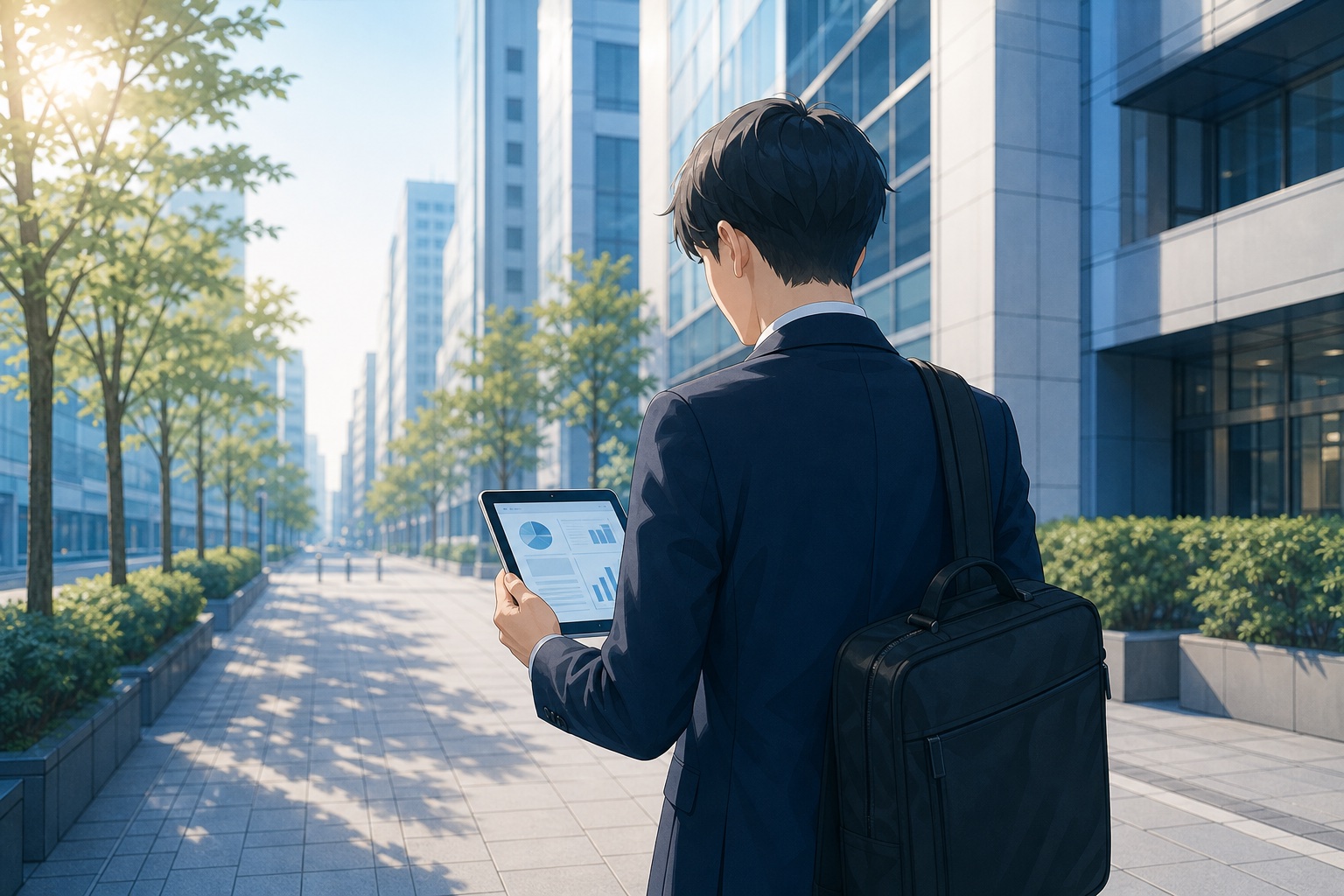 オフィス街の歩道でタブレット端末に表示された企業情報を確認しながら歩くスーツ姿の就活生の後ろ姿