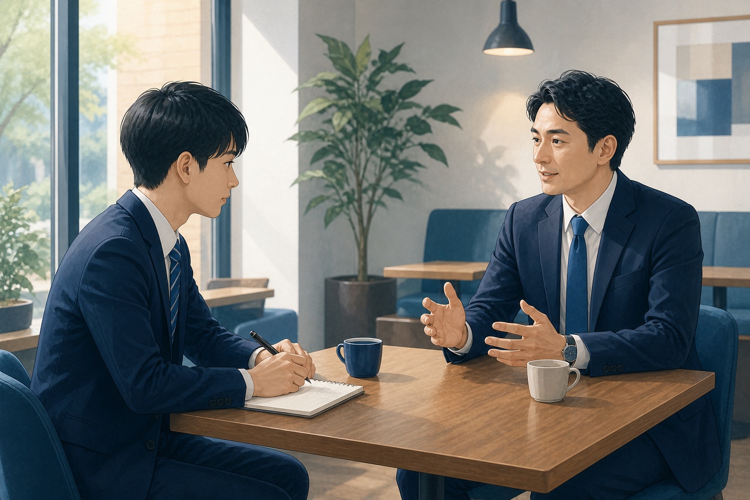 就活生がOB訪問でコンサルタントにカフェで話を聞いているイラスト
