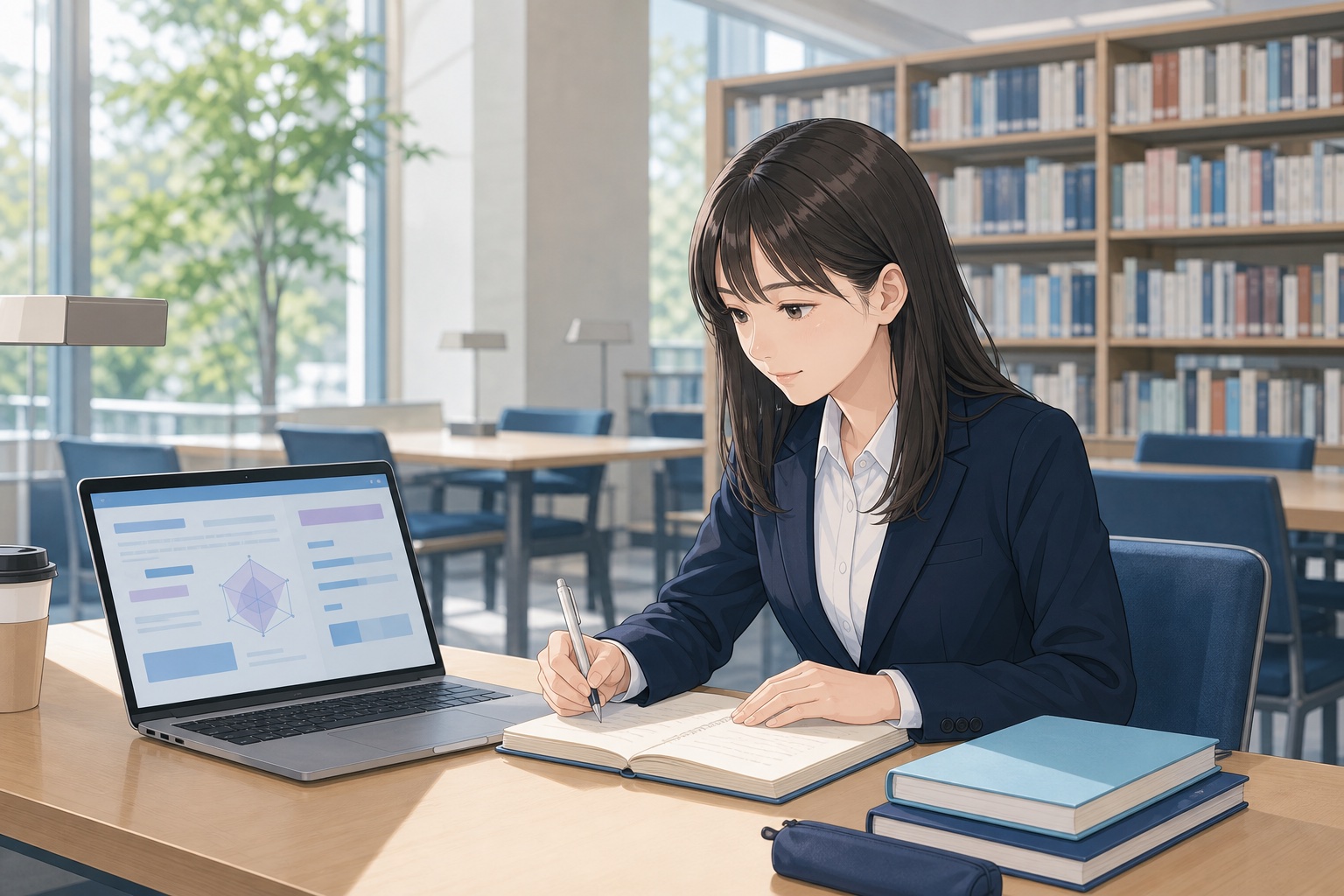大学図書館でノートパソコンの性格診断結果を見ながらノートに考えを書き留める女子学生のイラスト