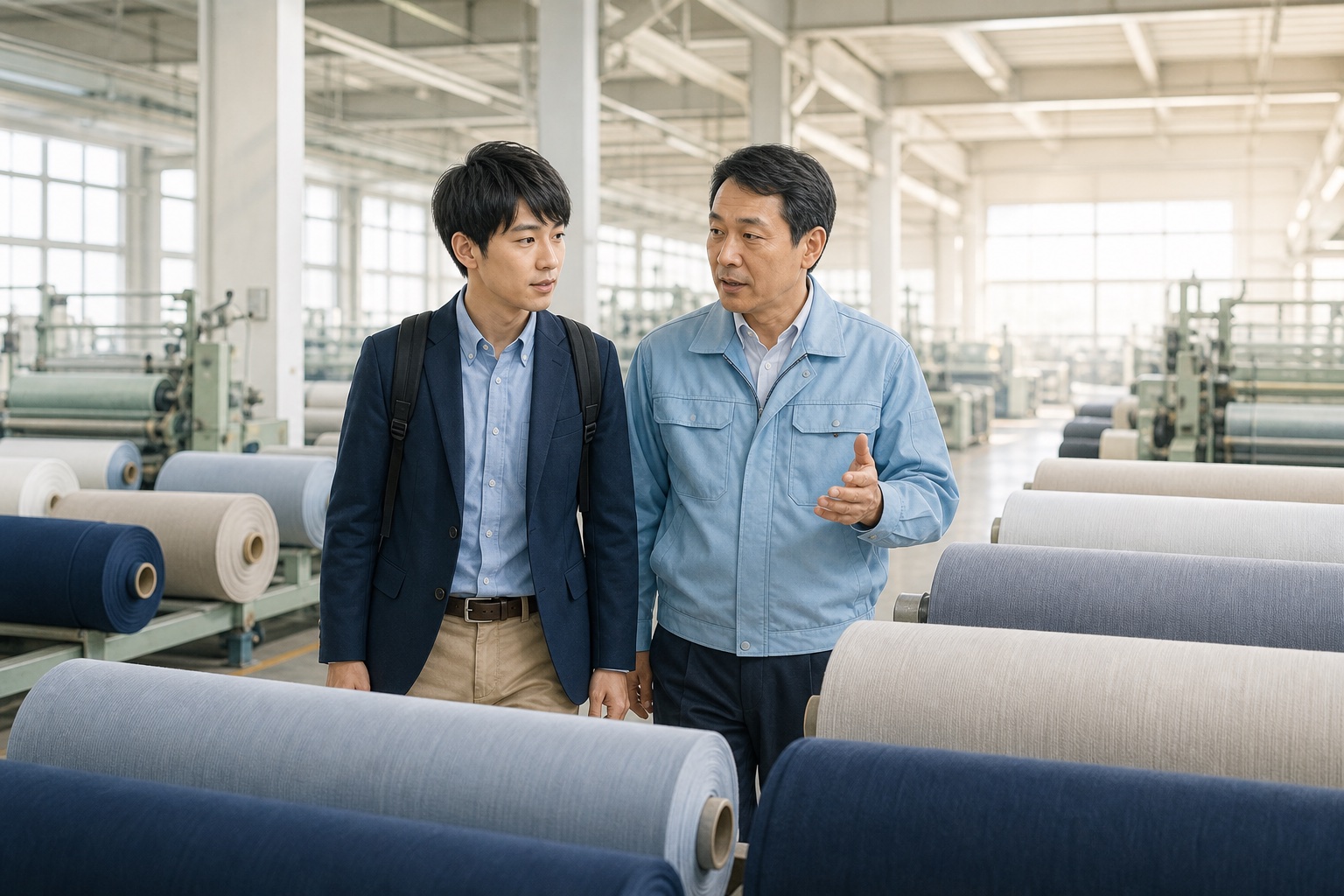 就職活動中の若者が繊維メーカーの工場見学で生地のロールが並ぶ現場を年上の技術者と一緒に見て回っている様子