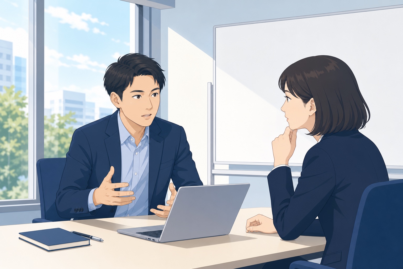 会議室でノートパソコンとホワイトボードを前に顧客と要件を確認するシステムエンジニアのイラスト