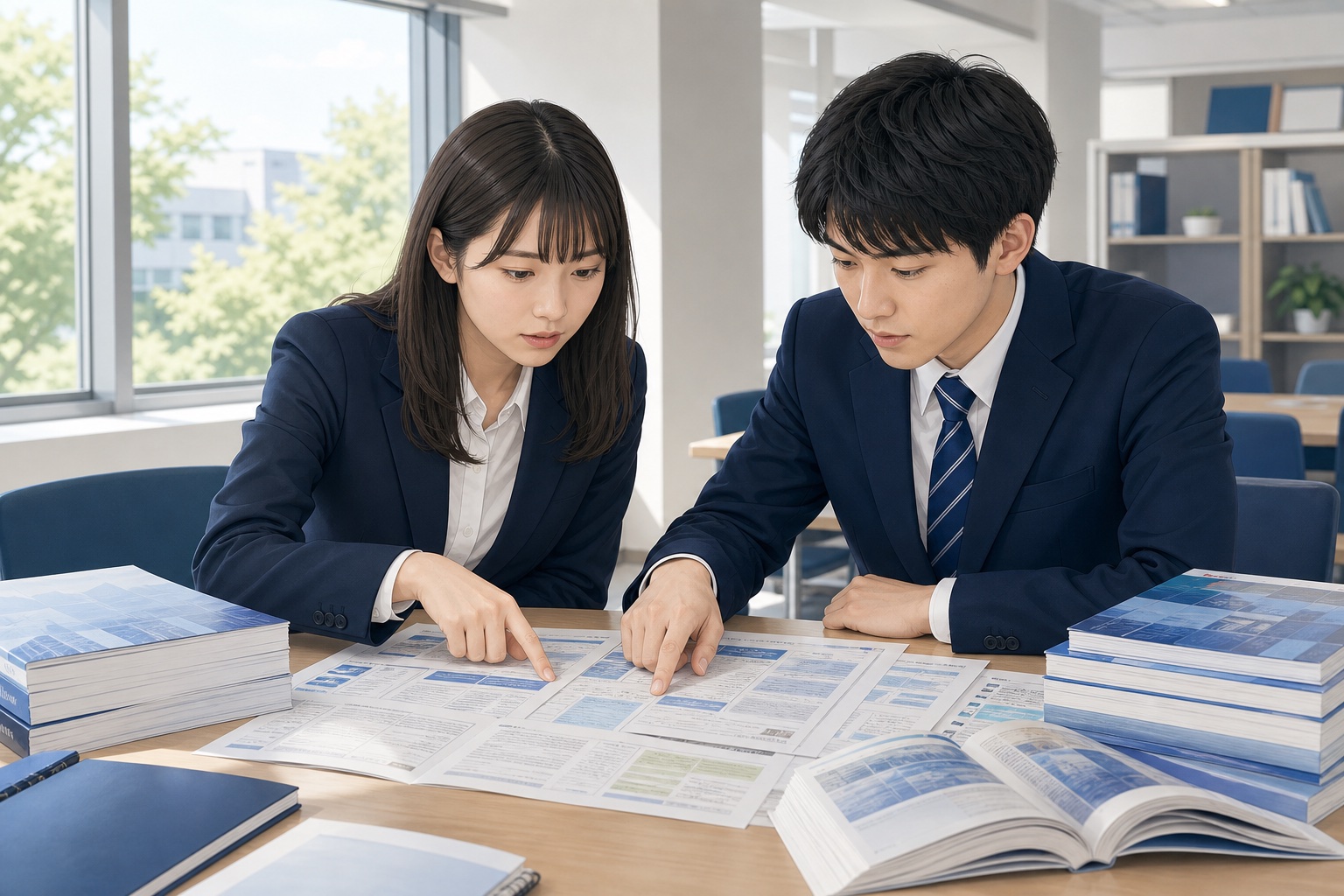 大学のキャリアセンターで求人票や就職情報誌を見比べる就活生2人のイラスト