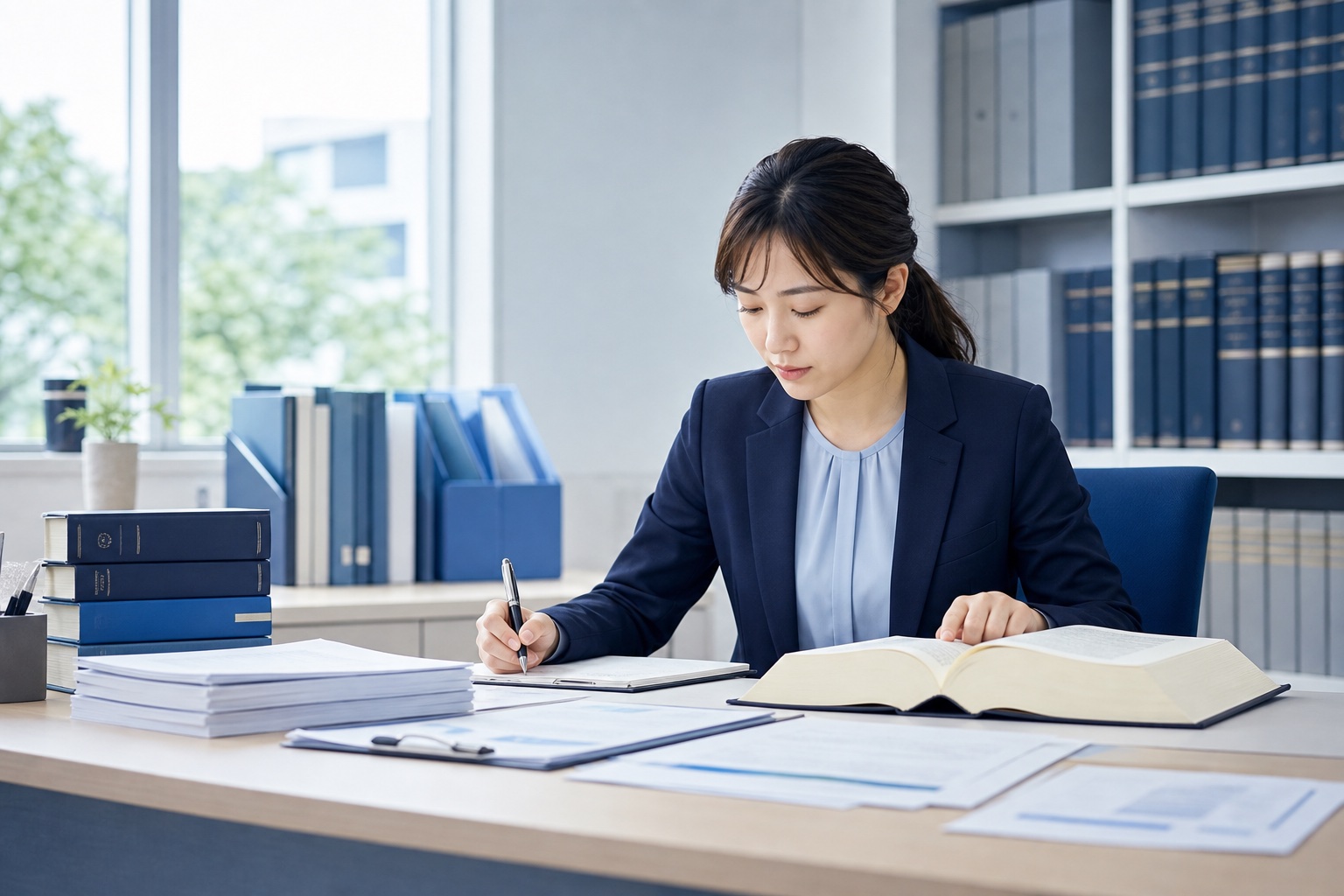 法律事務所でパラリーガルが資料と六法全書を見比べながらメモを取っている様子