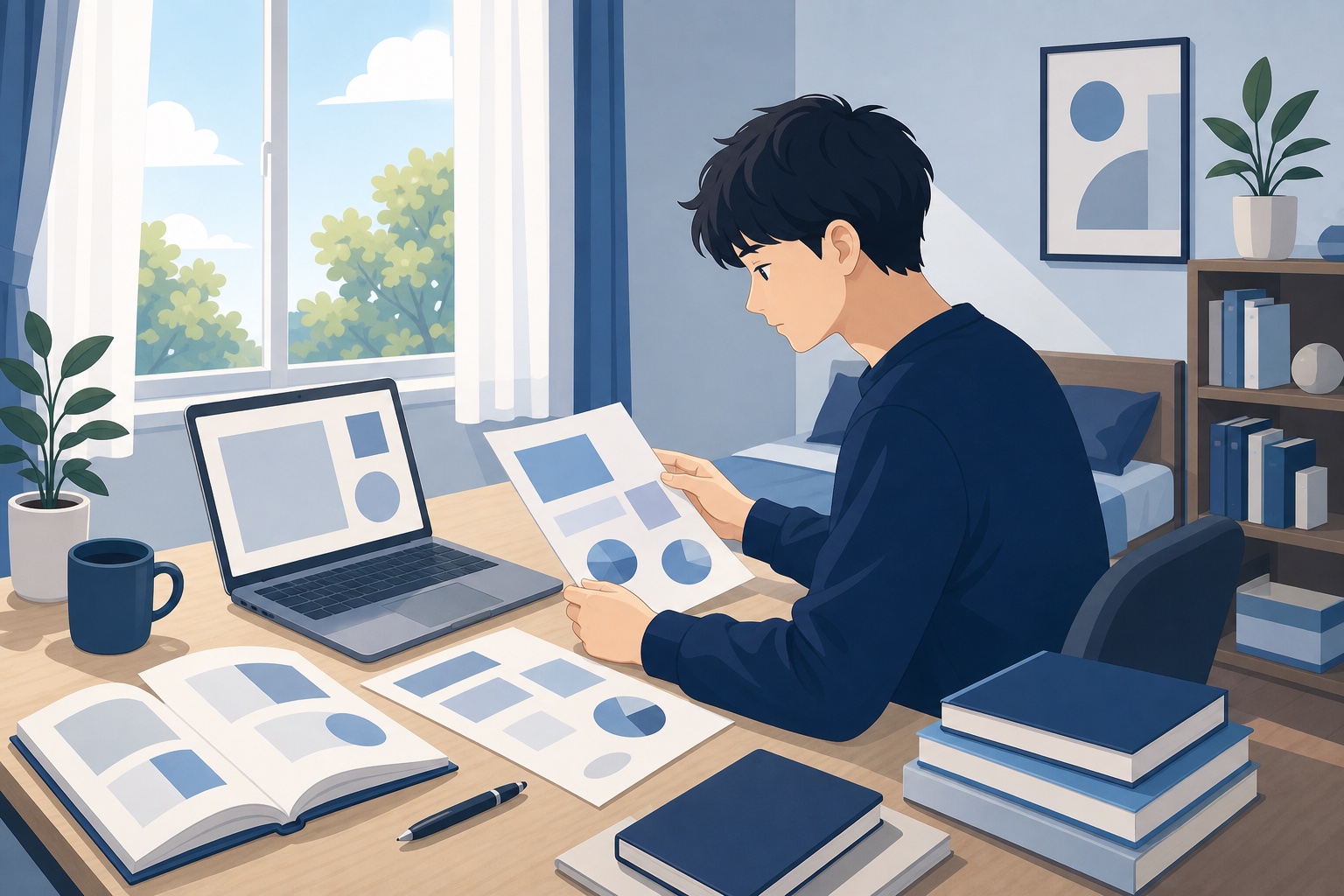 就活生が自室でノートパソコンと企業資料を広げて企業研究に取り組んでいる様子のイラスト