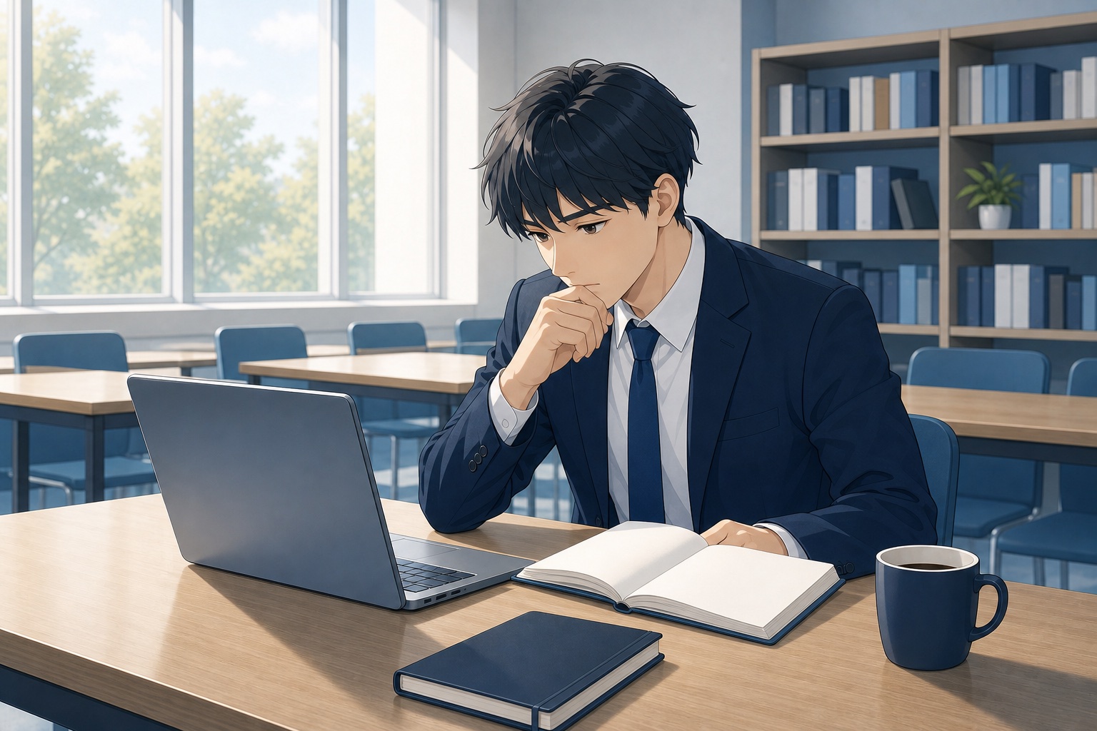 就活生がノートパソコンで出版社の求人情報や企業研究のノートを見比べながら考え込んでいるイラスト
