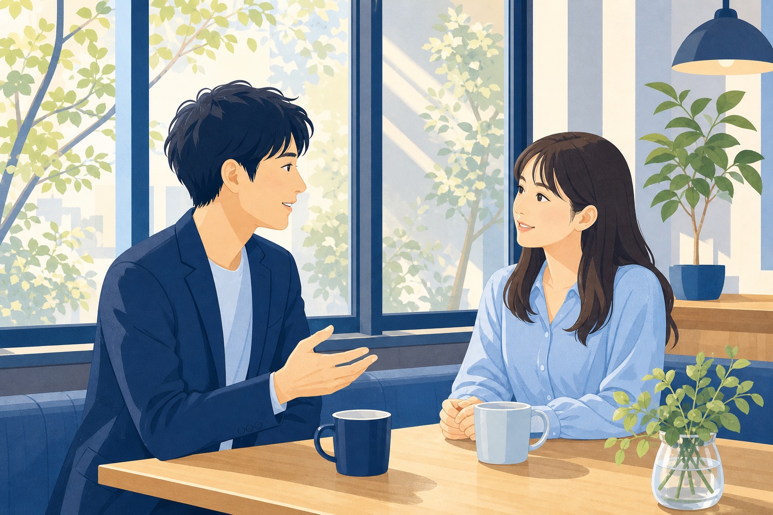 カフェで穏やかに向き合って会話する男女のイラスト