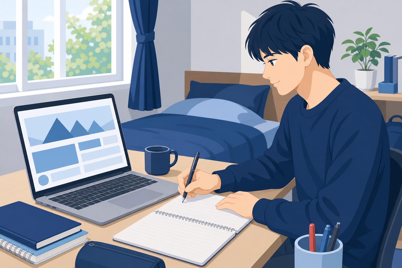 就活生が自室の机でノートパソコンの企業ページとノートを見比べながら気づいた点を書き留めている様子のイラスト