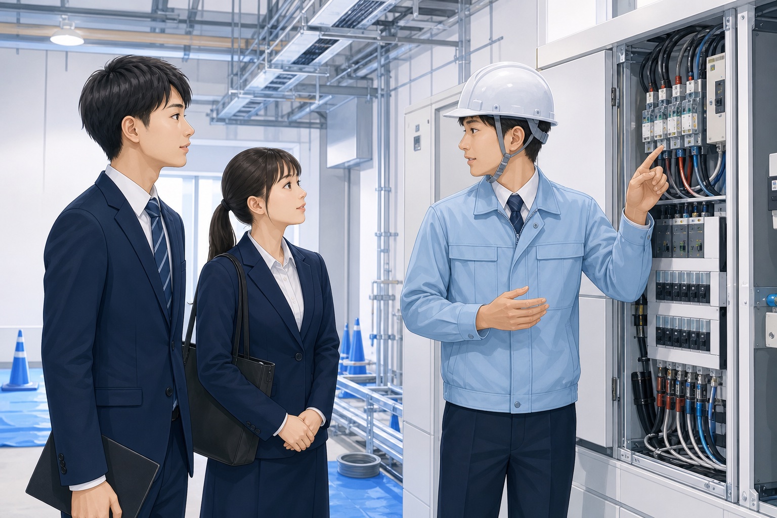 スーツ姿の就活生が電気設備工事の現場で配電盤を見学している様子のイラスト