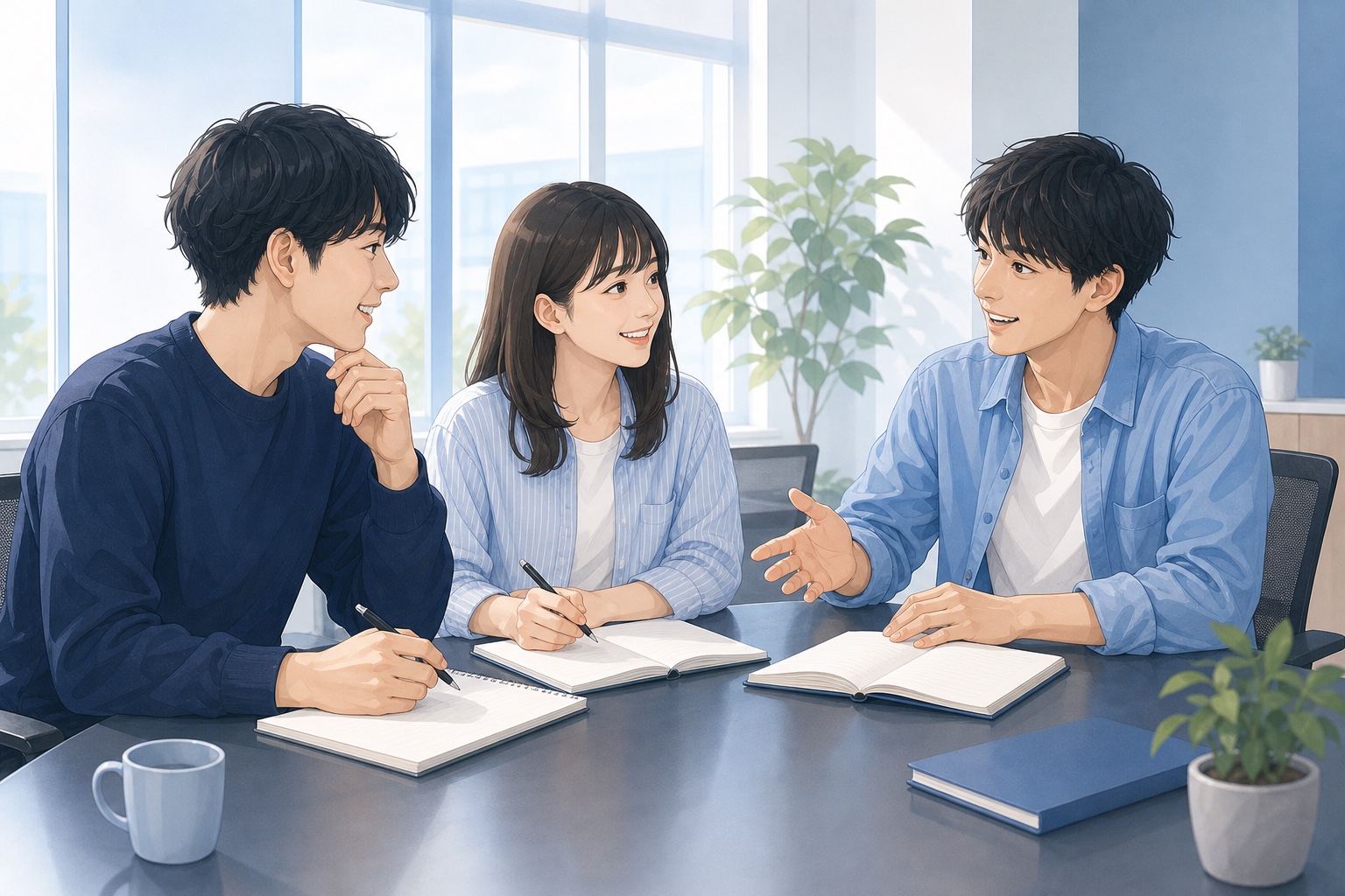 明るいオフィスで20代の社会人3人がノートを見ながら和やかに会話している様子のイラスト