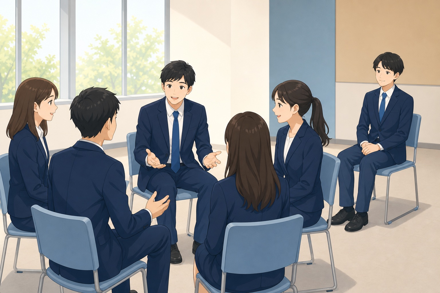 就活のグループディスカッションで、輪から少し離れた位置で相手の話に静かに耳を傾ける学生を描いたイラスト
