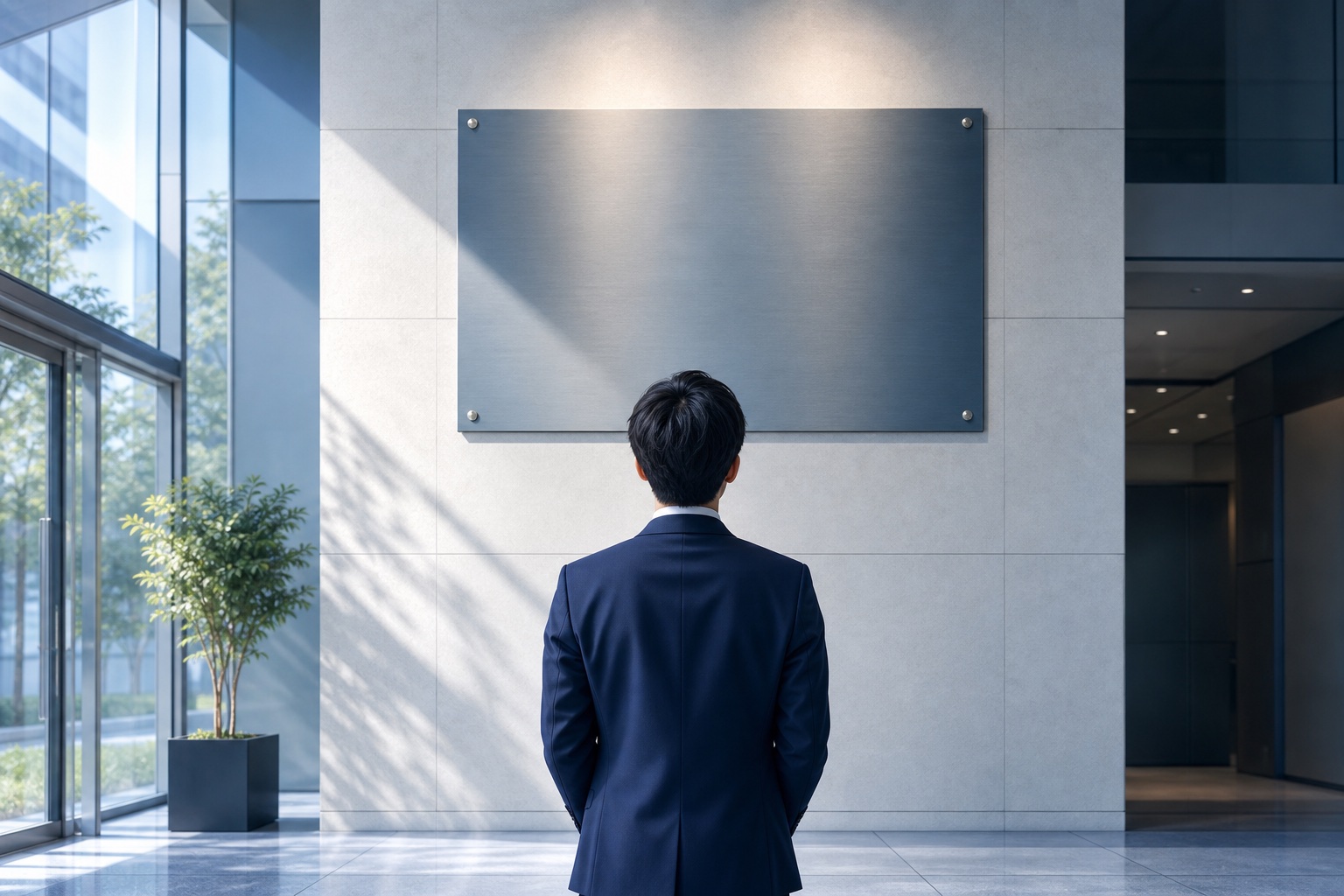 就活生がオフィスビルのエントランスで壁に掲げられた企業理念のプレートを見上げている様子