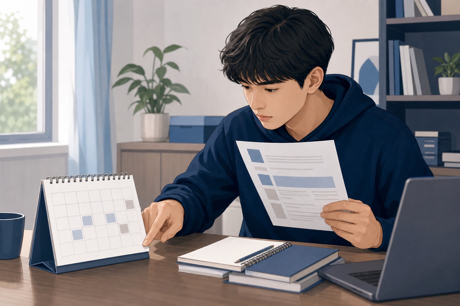 就活生が求人票とカレンダーを見比べながら休日数を確認している様子のイラスト