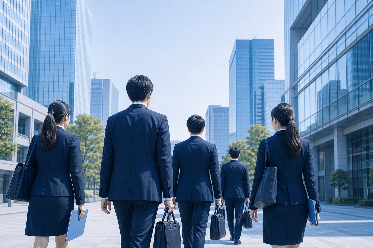 就活スーツ姿の新卒社員たちが朝のオフィス街を並んで歩く後ろ姿