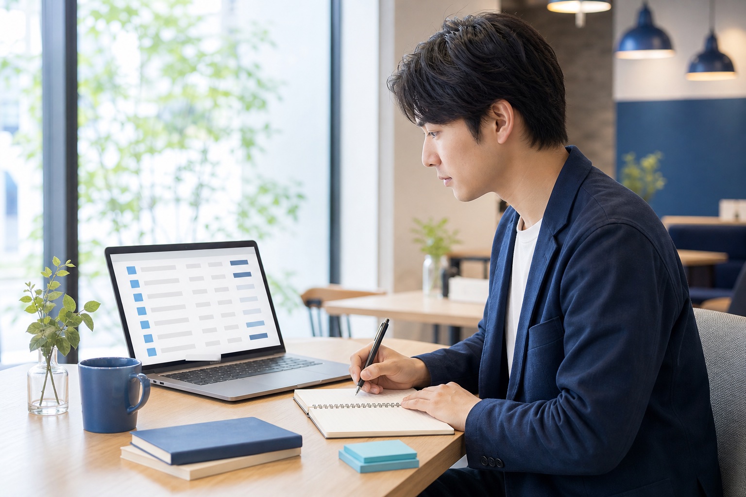 就活生がノートパソコンで企業一覧を確認しながら、気になる企業名をノートにメモしている落ち着いたカフェのようなオフィス空間のイラスト