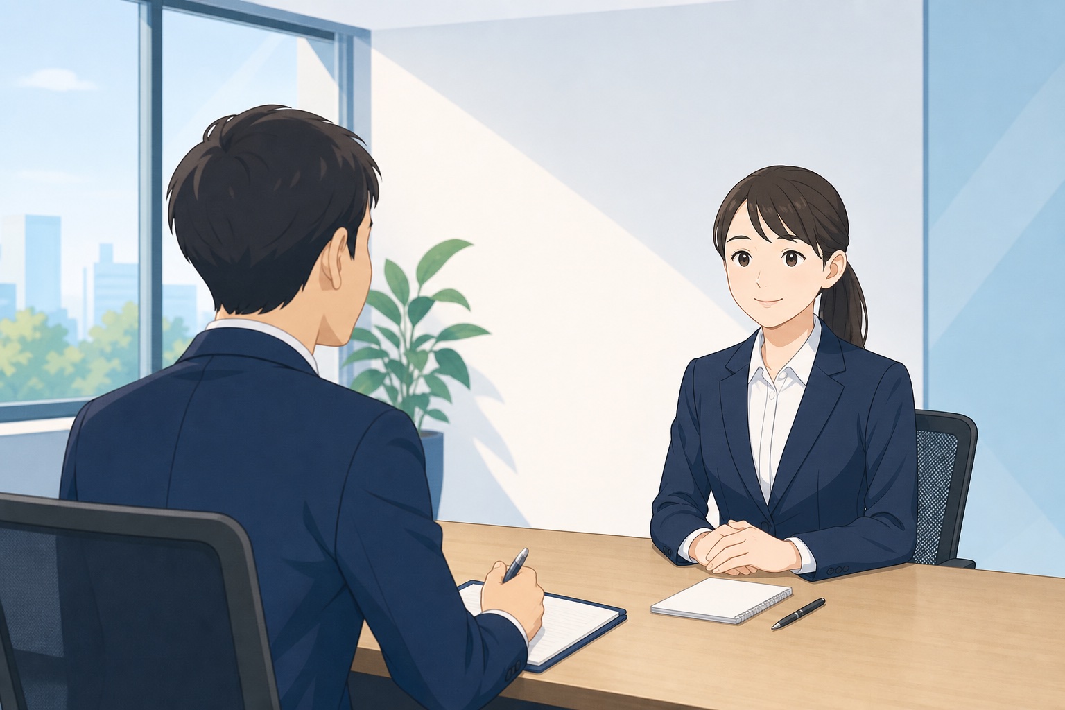 就活生が面接官と向き合い、企業選びの軸について話している面接の様子のイラスト