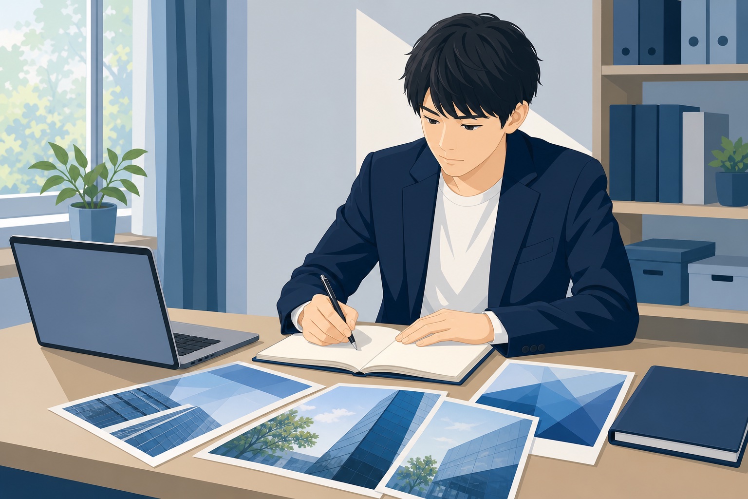 就活生が企業パンフレットとノートパソコンを見比べながらメモを取る自習室のイラスト