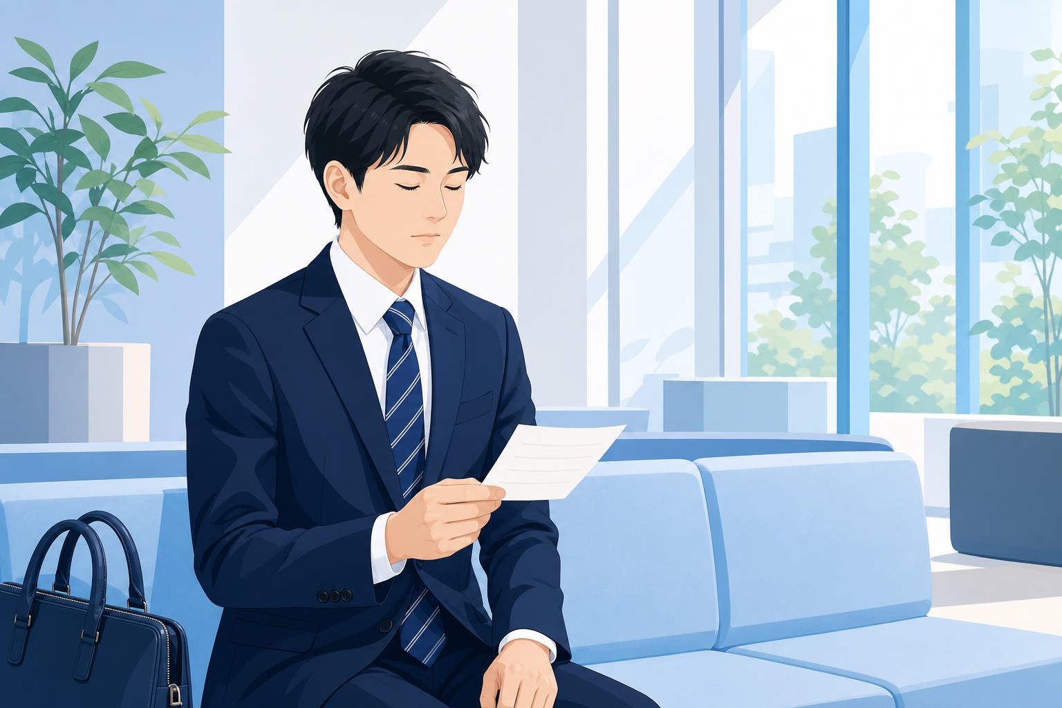 面接会場の待合スペースで志望動機のメモを見返す就活生のイラスト