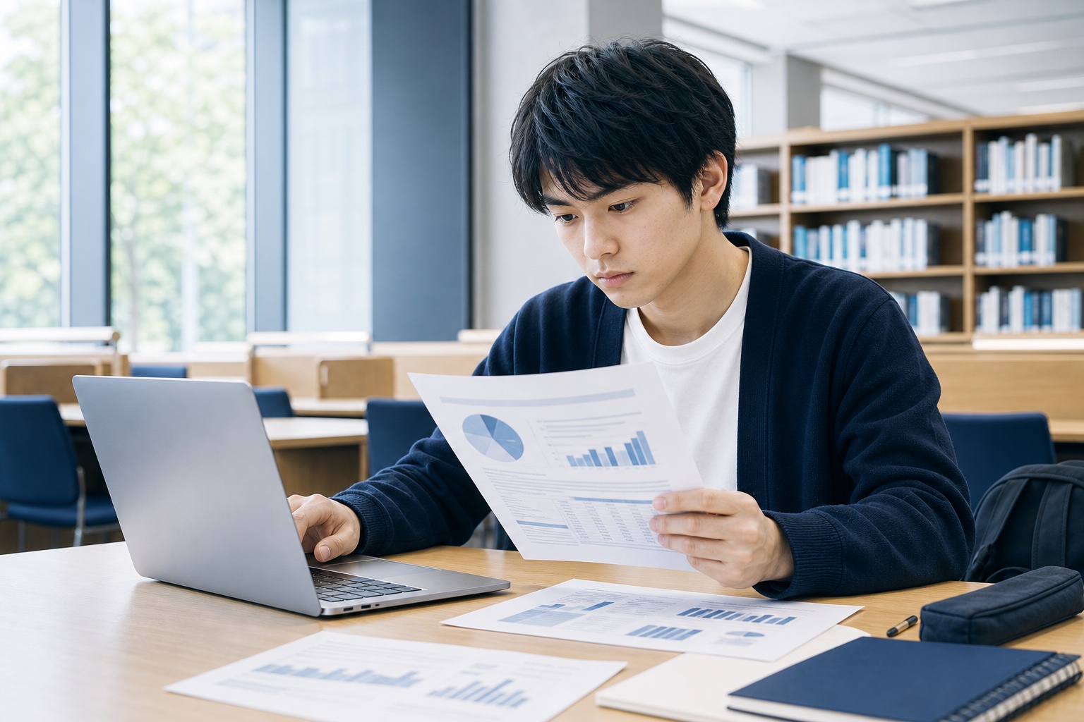 図書館でノートパソコンと企業のIR資料を見比べながら慎重に確認する就活生のイラスト
