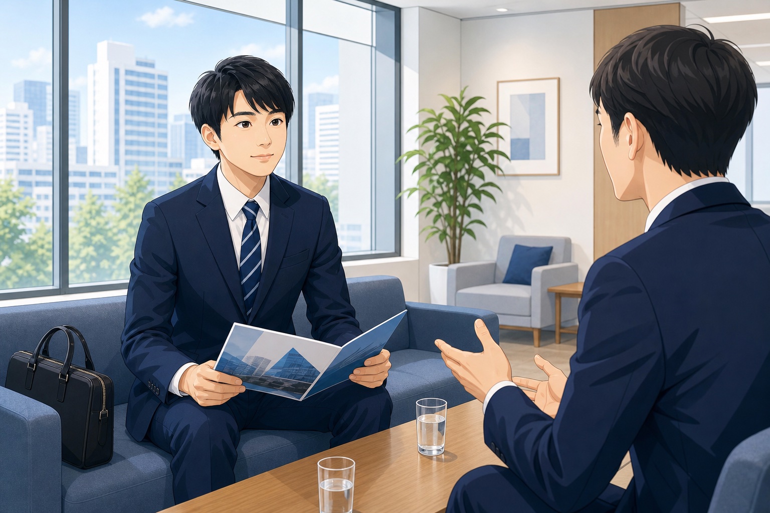 OB・OG訪問先のオフィス応接室で企業パンフレットを手に説明を聞く就活生のイラスト
