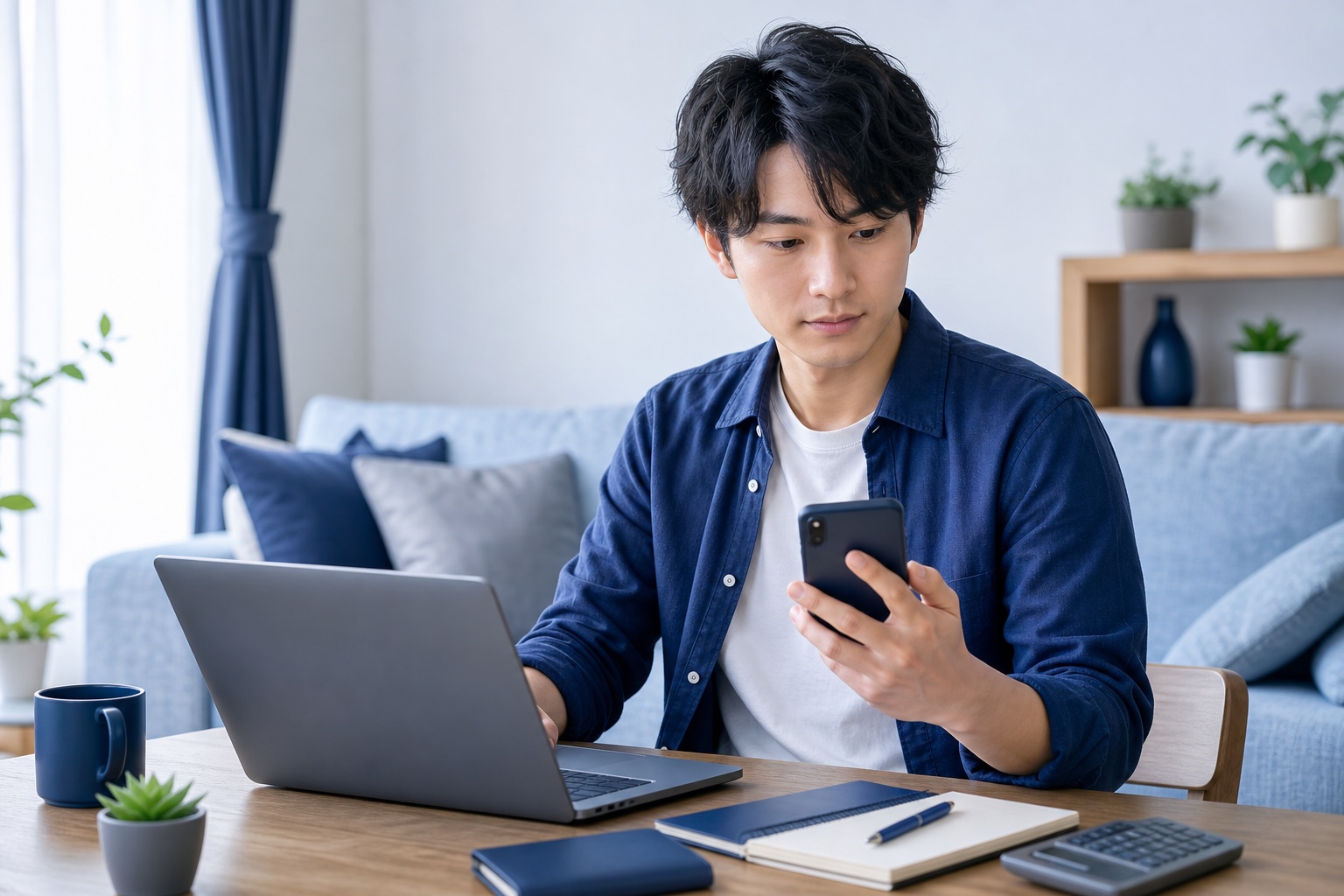 自宅のリビングでノートパソコンとスマートフォンを見比べながら家計を確認する社会人のイラスト