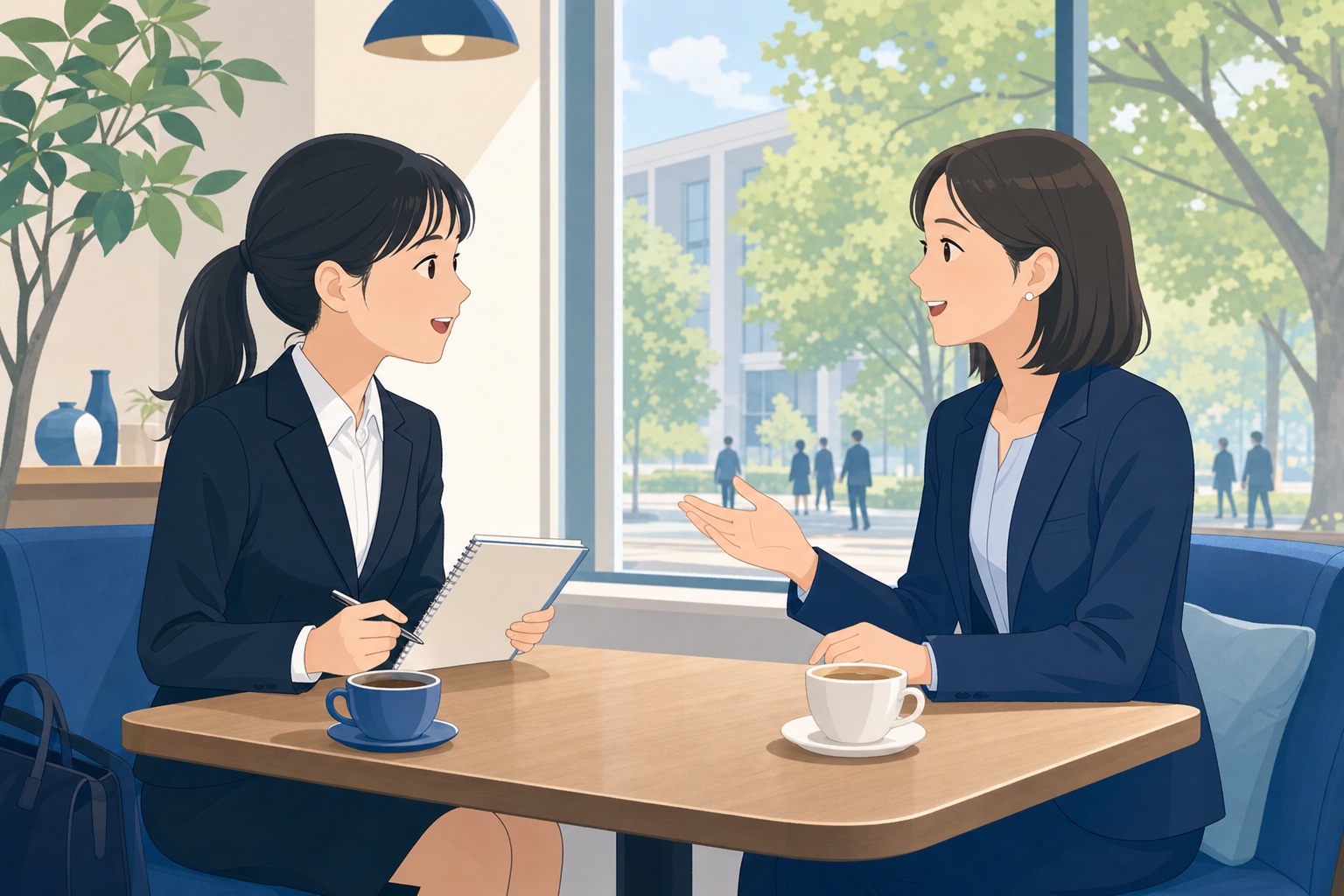 カフェでOB訪問をする就活生とOB社員がノートを片手に会話している様子のイラスト