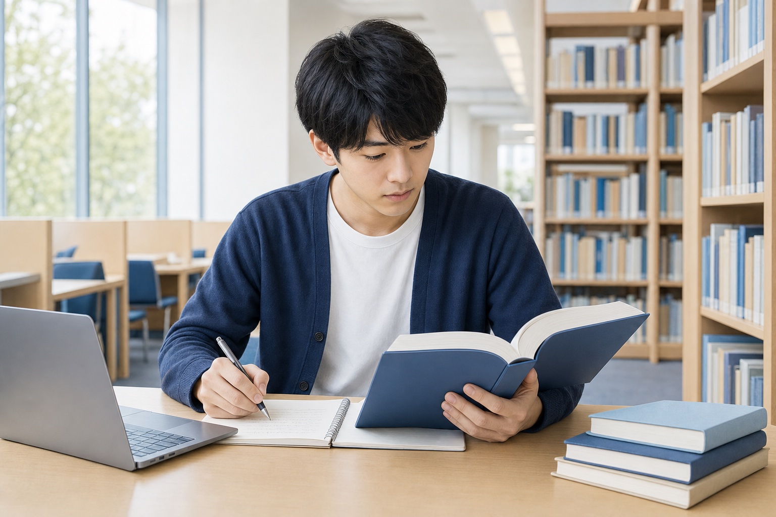 大学の図書館で就職四季報とノートを見比べながらメモを取る就活生のイラスト