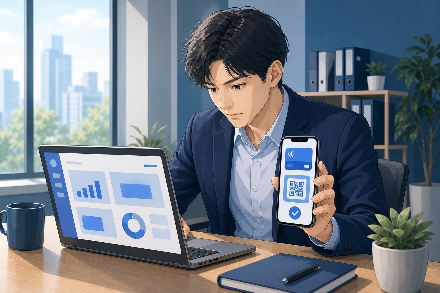 オフィスでノートパソコンとスマートフォンの決済画面を見比べながら業務に取り組む若手社員のイラスト