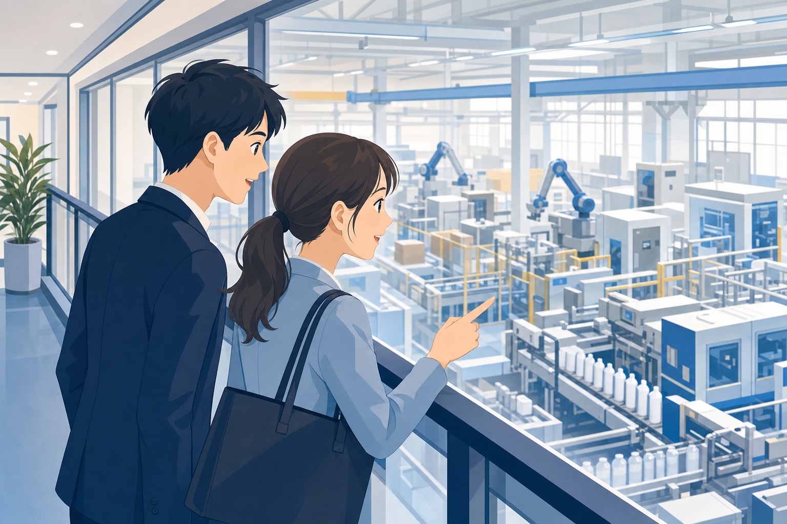 就活生の男女がガラス越しに工場の生産ラインを見学している様子のイラスト