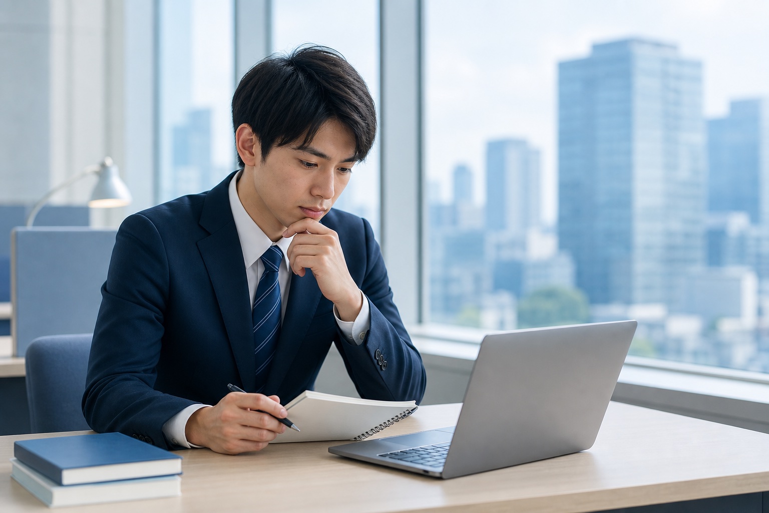 就活スーツ姿の学生がオフィスの窓際でノートパソコンと企業研究ノートを見比べながら考え込んでいるイラスト