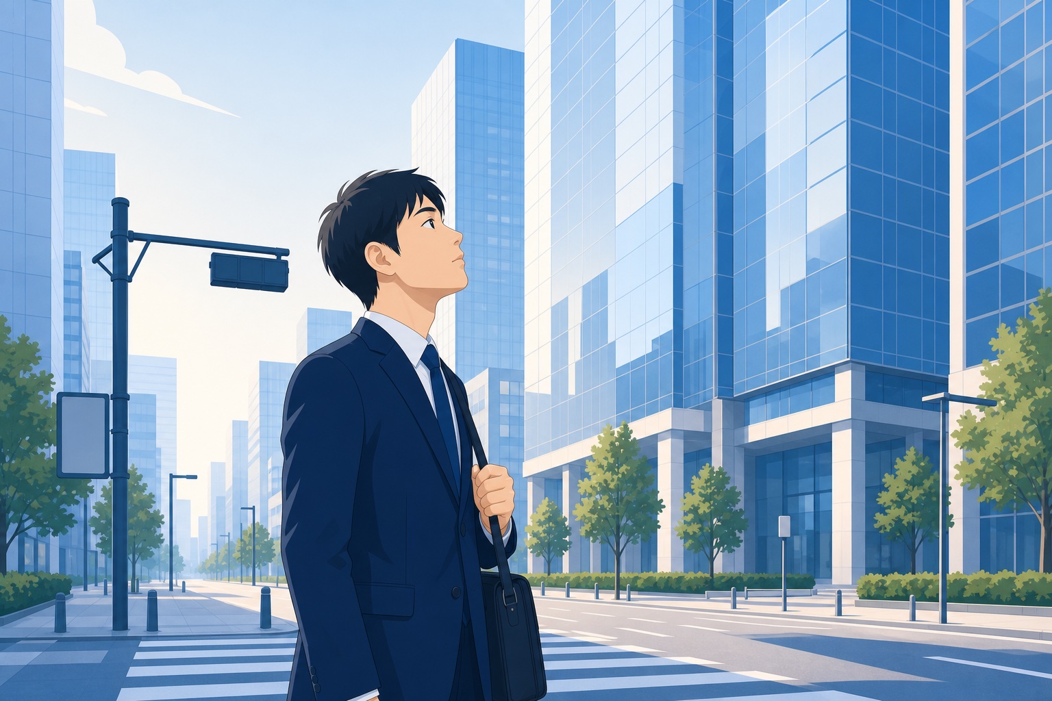 配属先に向かう朝、オフィス街の交差点でビル群を見上げるスーツ姿の若手社会人のイラスト