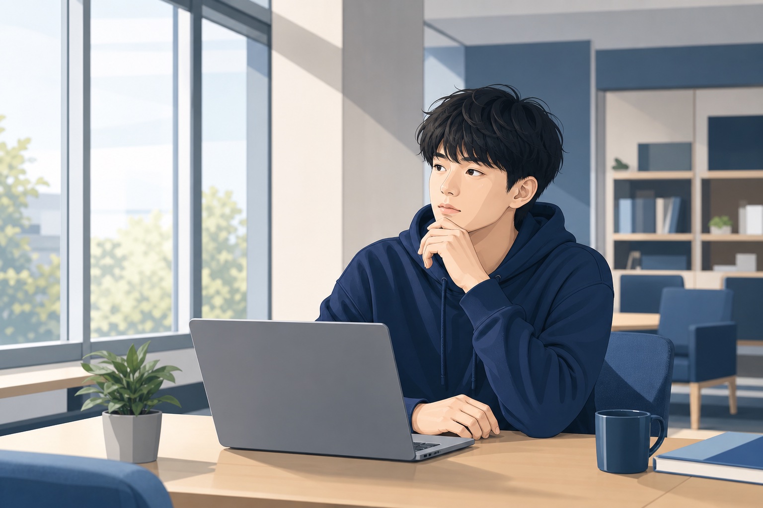 大学のキャリアセンターでノートパソコンを前に考え込む情報系学生のイラスト