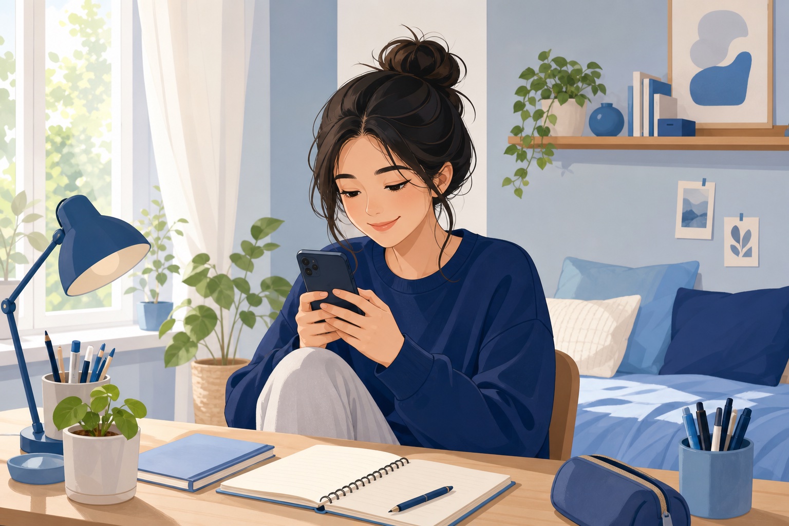 自室でスマートフォンを見ながら性格診断の結果を確認し微笑む女性のイラスト