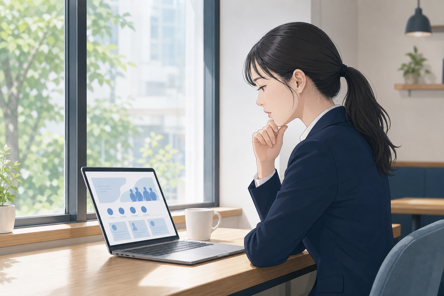 カフェの窓際でノートパソコンの採用ページを見ながら考え込む就活スーツ姿の女性のイラスト