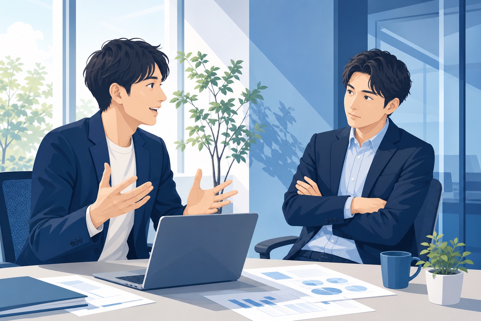 オフィスで企画のアイデアを明るく話す社員と、腕を組んで真剣に話を聞く同僚のイラスト
