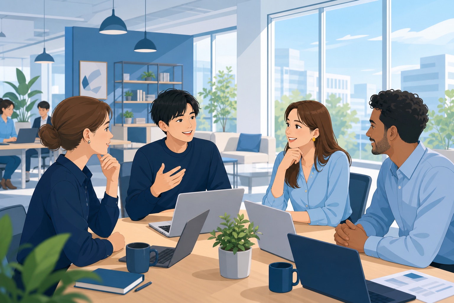 外資系IT企業の明るいオフィスで若手社員が同僚とノートパソコンを囲んで話し合っている様子のイラスト