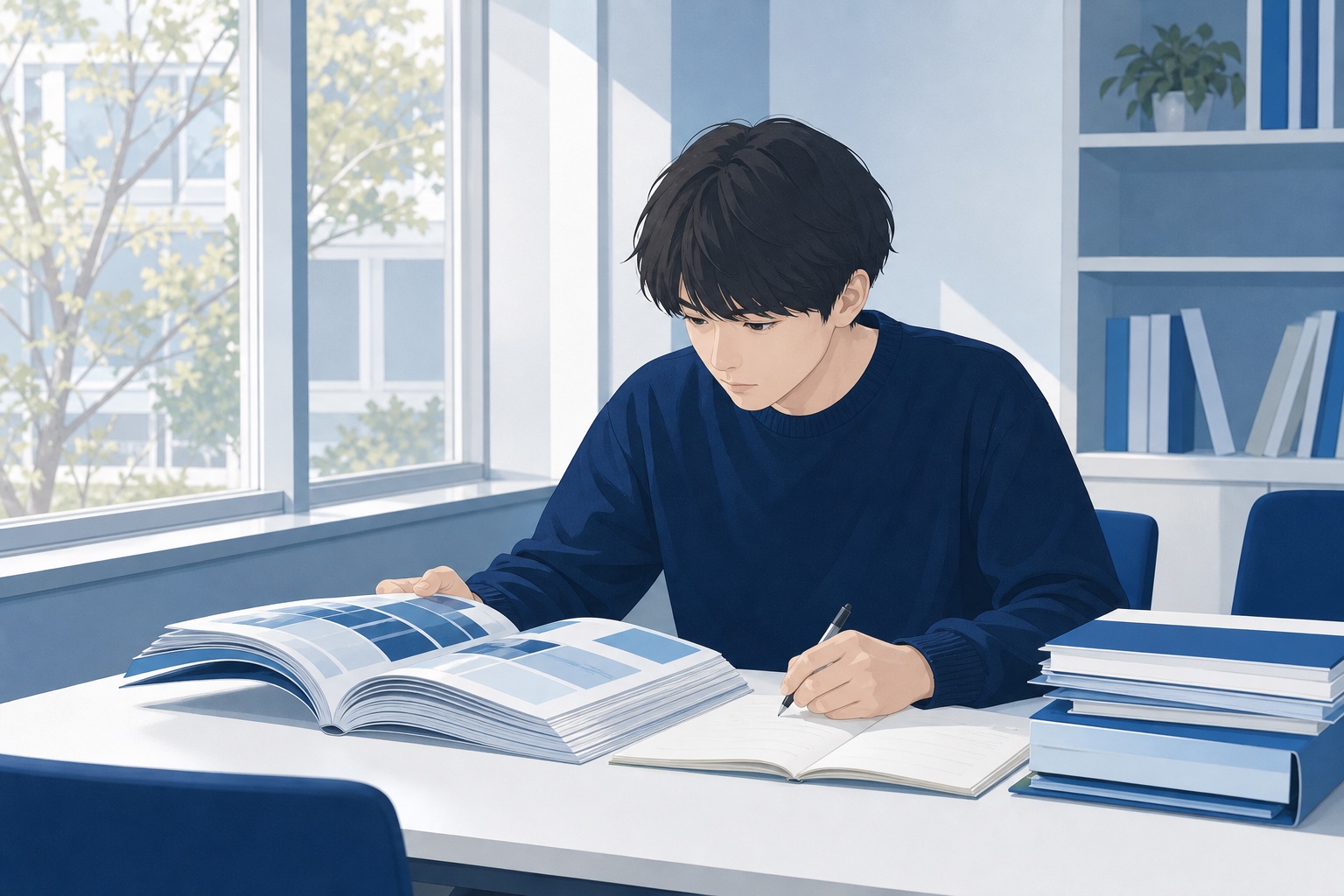 大学のキャリアセンターで就職情報誌を読み込む大学生のイラスト