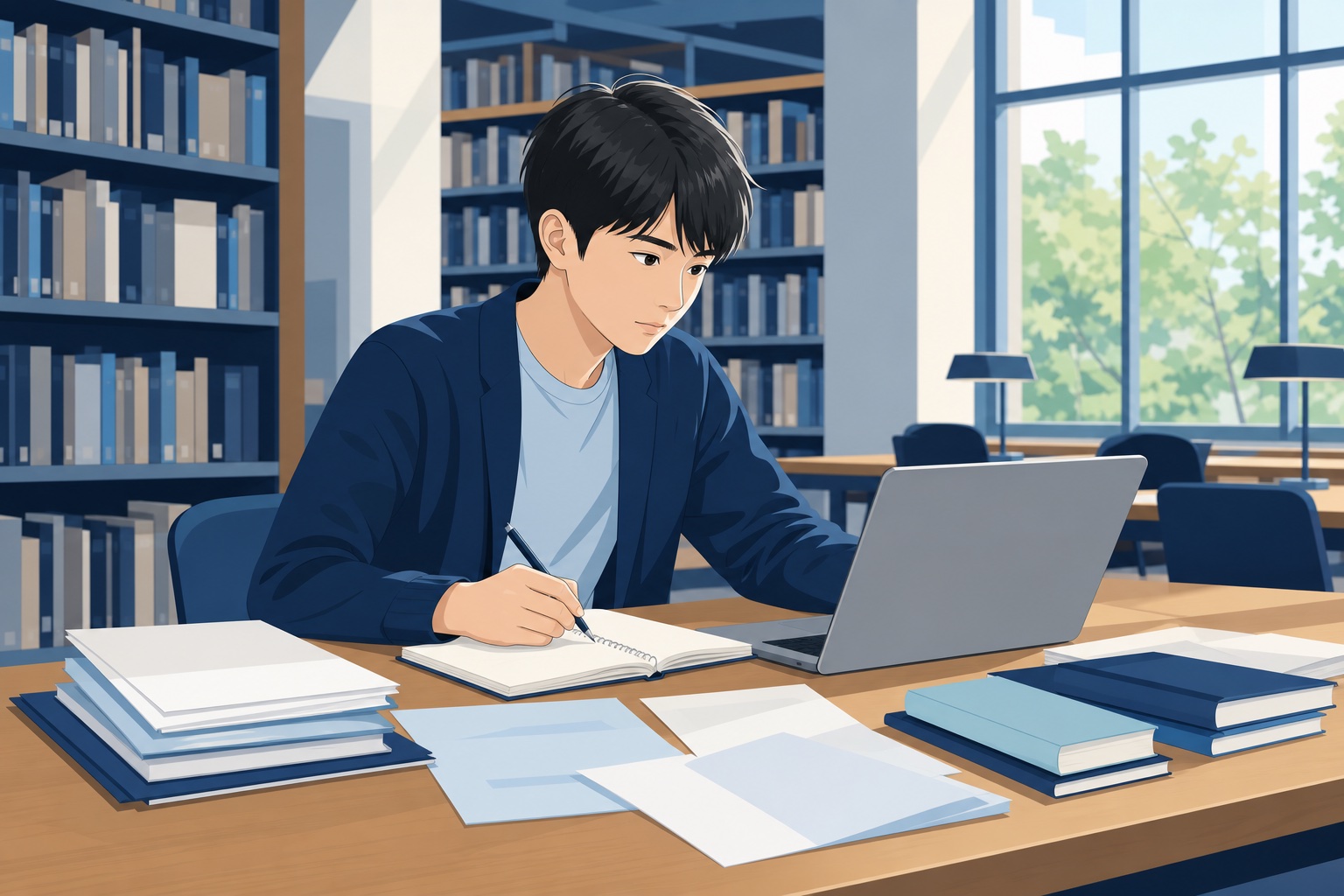 大学図書館で決算資料や業界研究ノートを広げてメモを取る就活生のイラスト