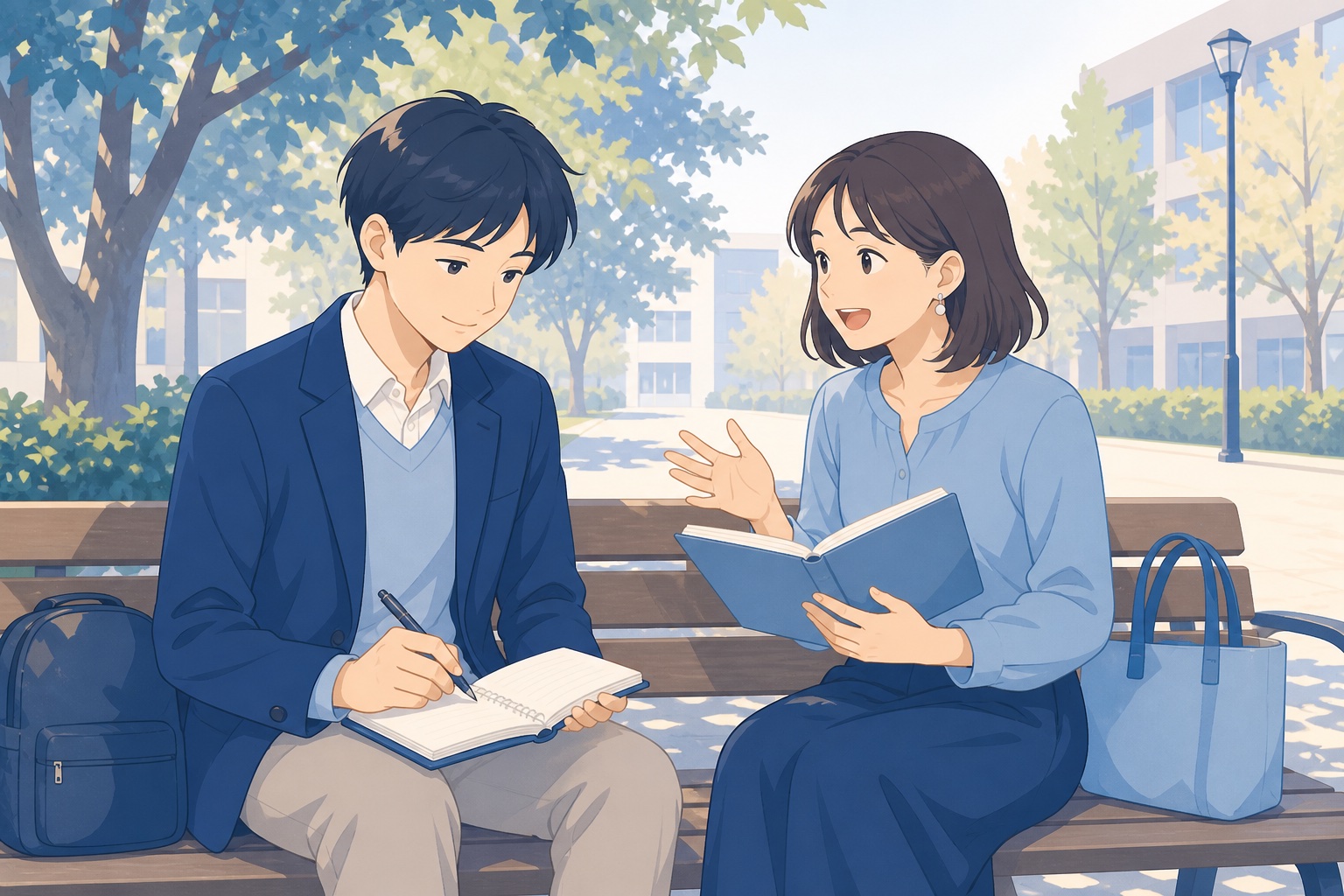 就活生二人がキャンパスのベンチで就活ノートを見せ合いながら話している様子のイラスト