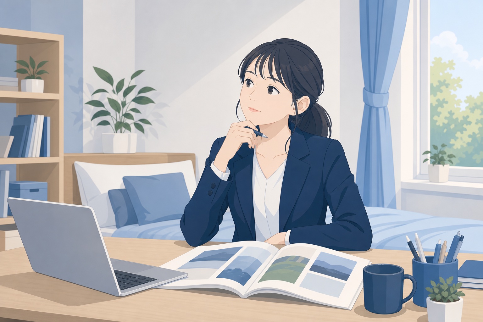 自室で就職情報誌を見ながら企業研究をする就活生の女性