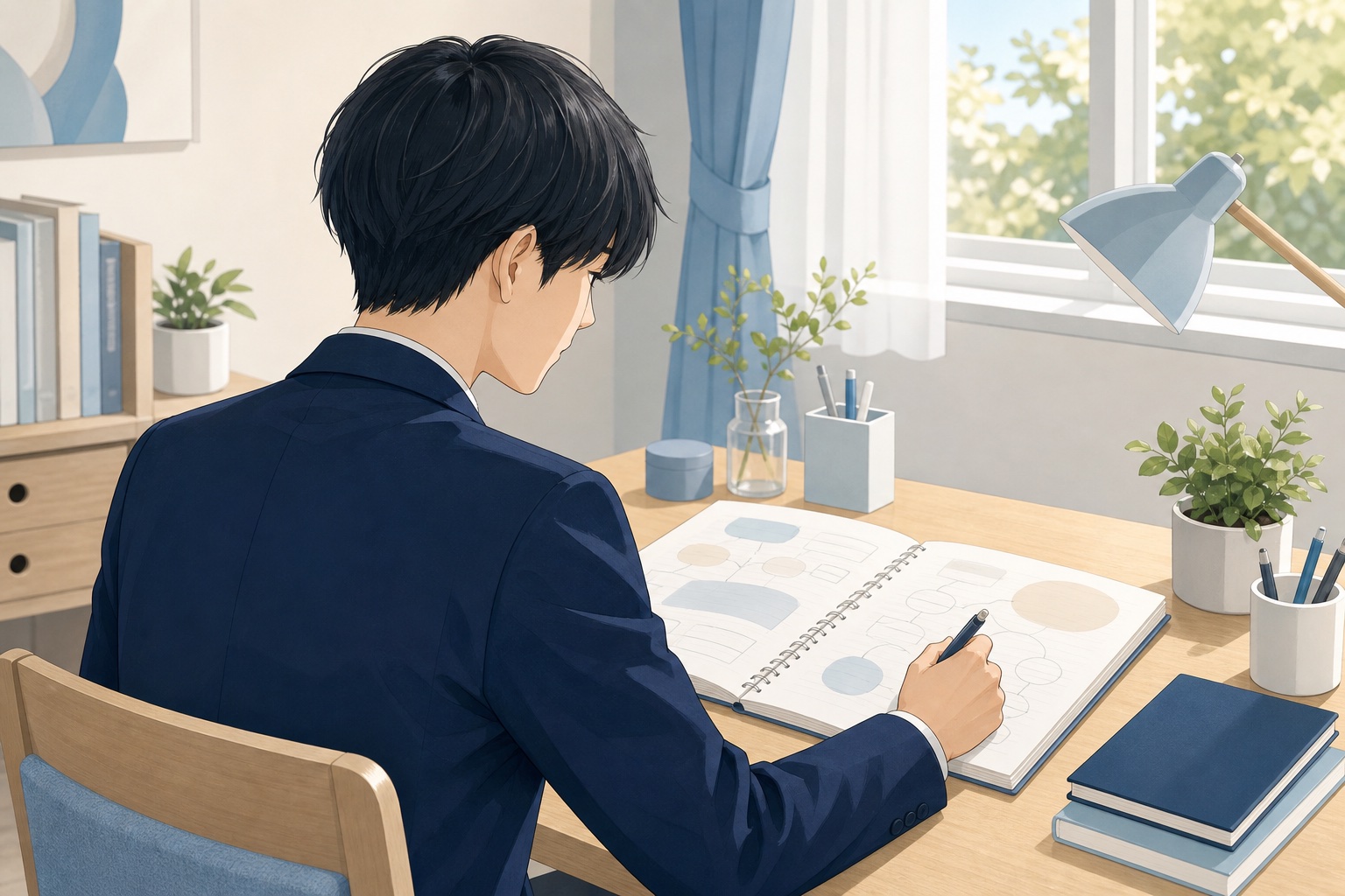 就活ノートに自己分析を書き出しながら前向きにペンを走らせる就活生の後ろ姿のイラスト