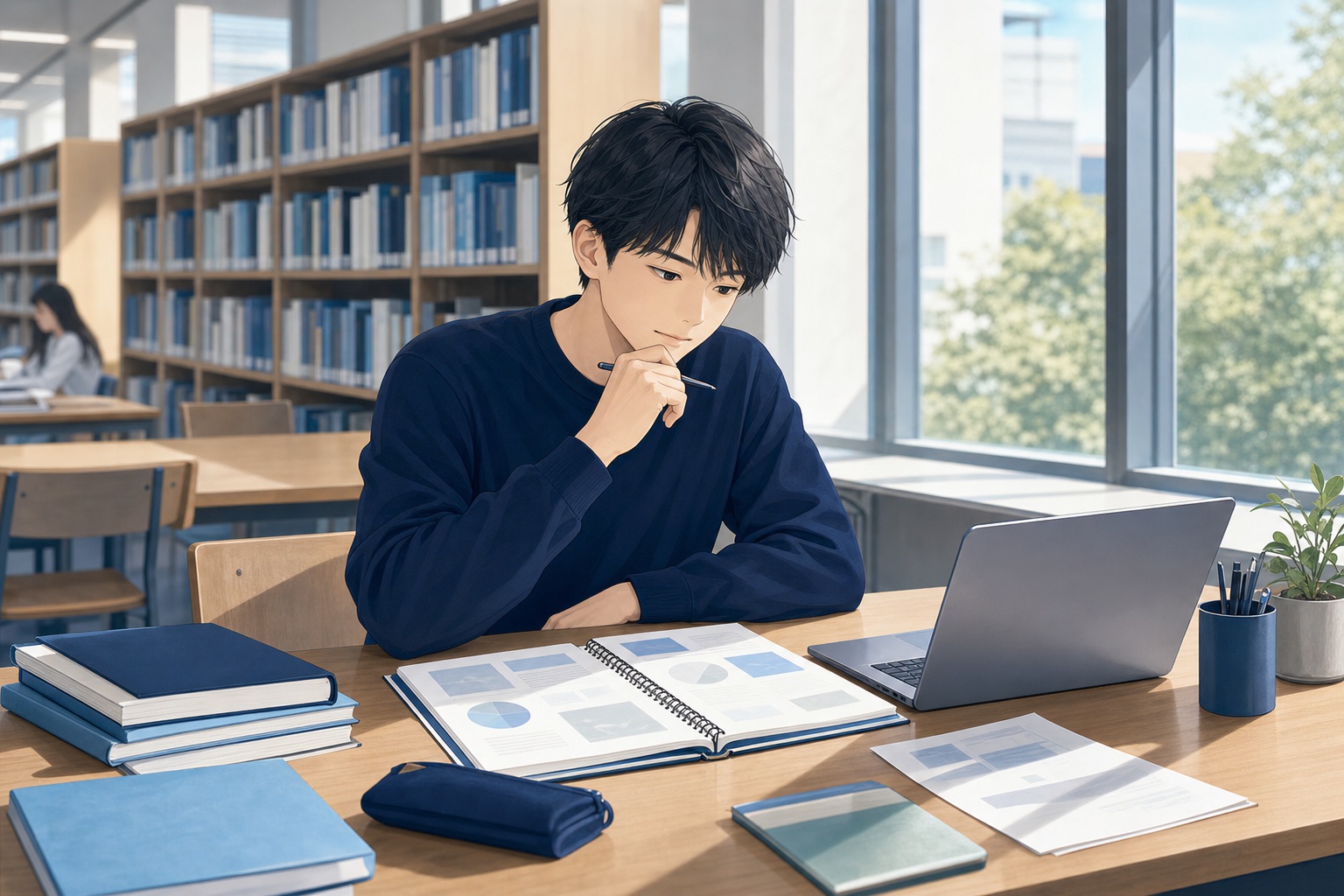大学図書館で電通と博報堂の企業研究資料を見比べながら考え込む就活生のイラスト