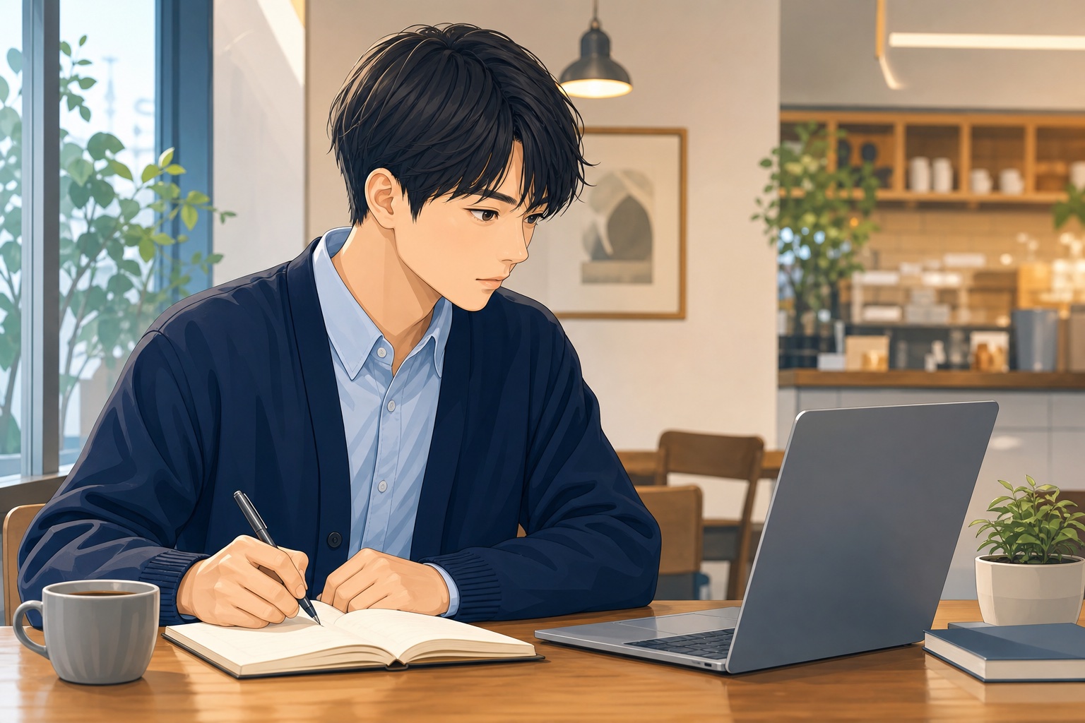 就活生がカフェでノートパソコンを見ながら企業研究のメモを取っている様子のイラスト