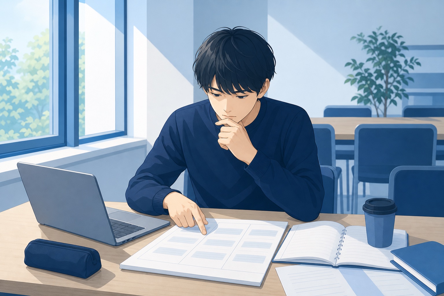 複数企業の比較メモを見ながら考え込む就活中の大学生のイラスト