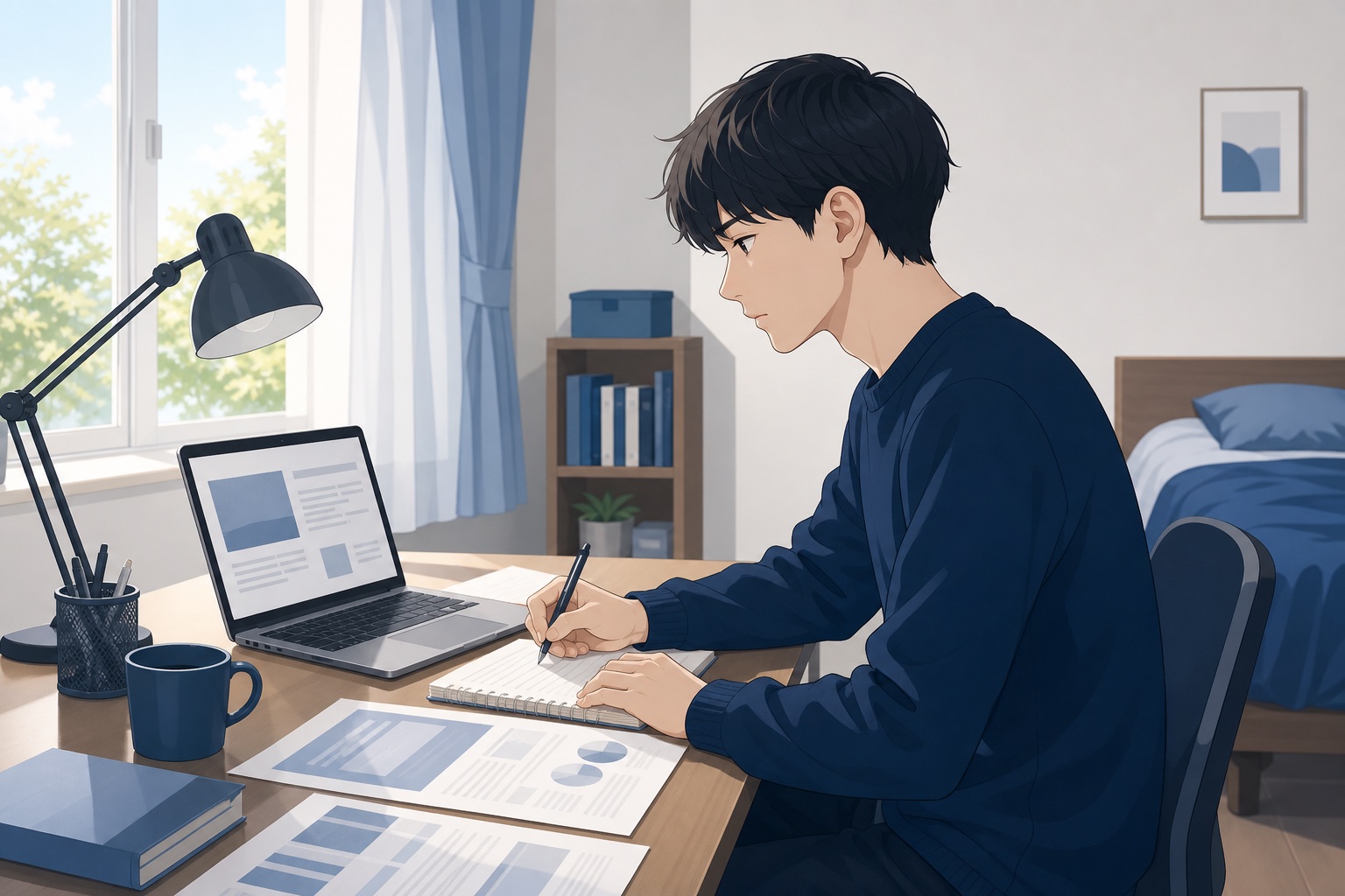 自室の机でノートパソコンの画面を見ながらノートにメモを取る就活生のイラスト